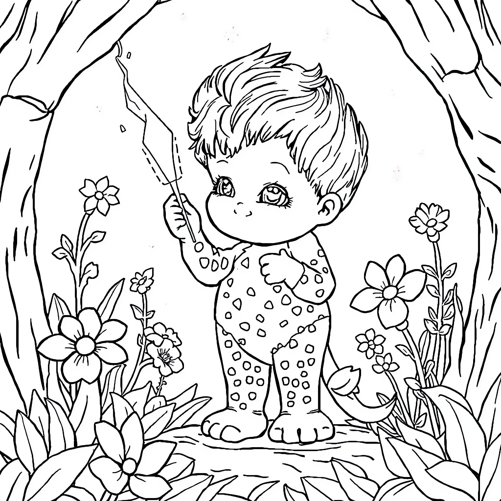 Child exploring the forest with flowers Coloring Page (free black-and-white line drawing printable PDF for all, from beginners to advanced learners, including children, teens, adults, and seniors)