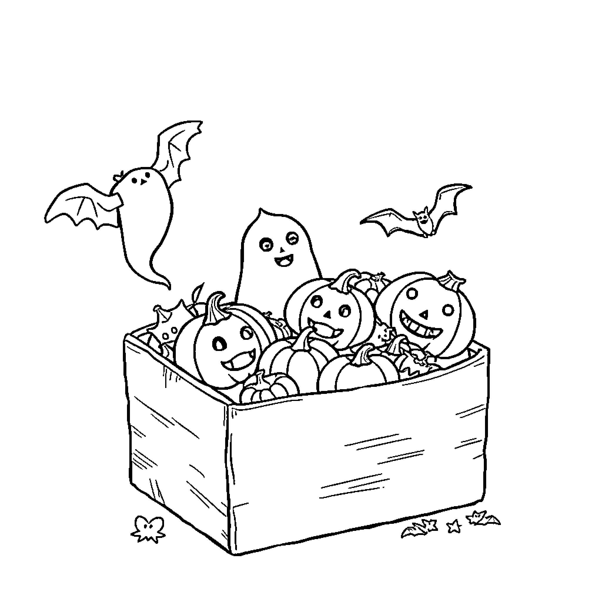 Halloween Spooky Pumpkins and Ghosts in a Box Coloring Page (free black-and-white line drawing printable PDF for all, from beginners to advanced learners, including children, teens, adults, and seniors)