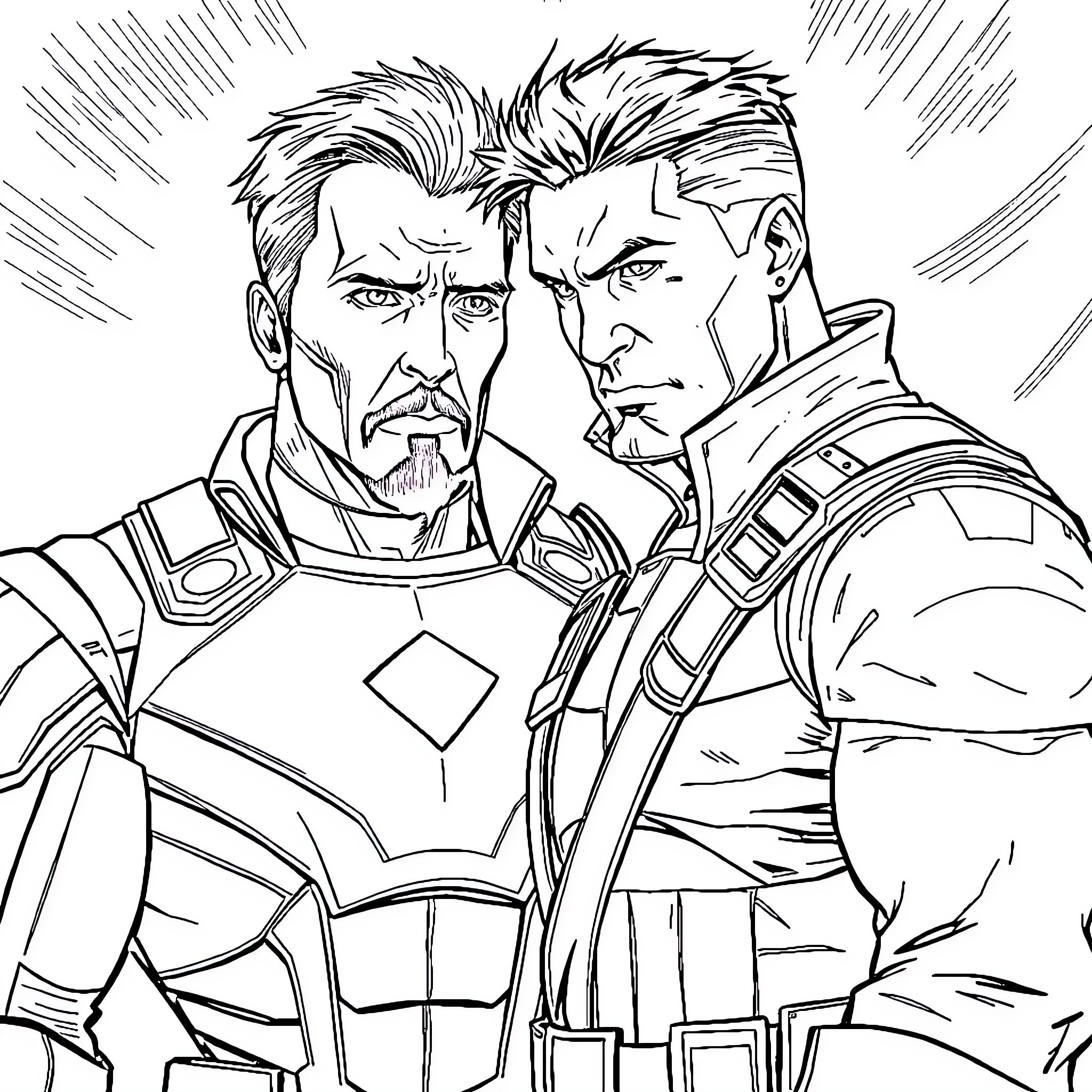 Tony Stark and teammate in intense battle stance Coloring Page (free black-and-white line drawing printable PDF for all, from beginners to advanced learners, including children, teens, adults, and seniors)