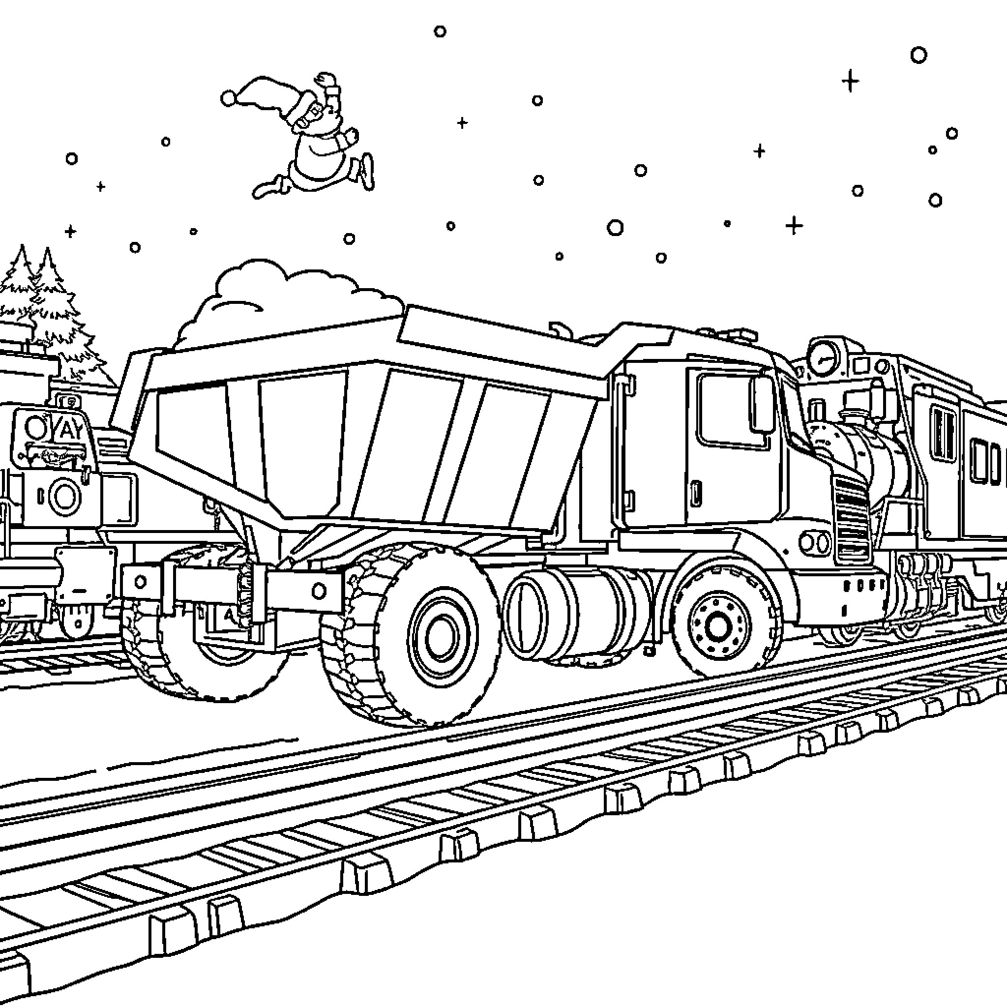 Dump Truck Hauling Cargo on Snowy Tracks Coloring Page (free black-and-white line drawing printable PDF for all, from beginners to advanced learners, including children, teens, adults, and seniors)