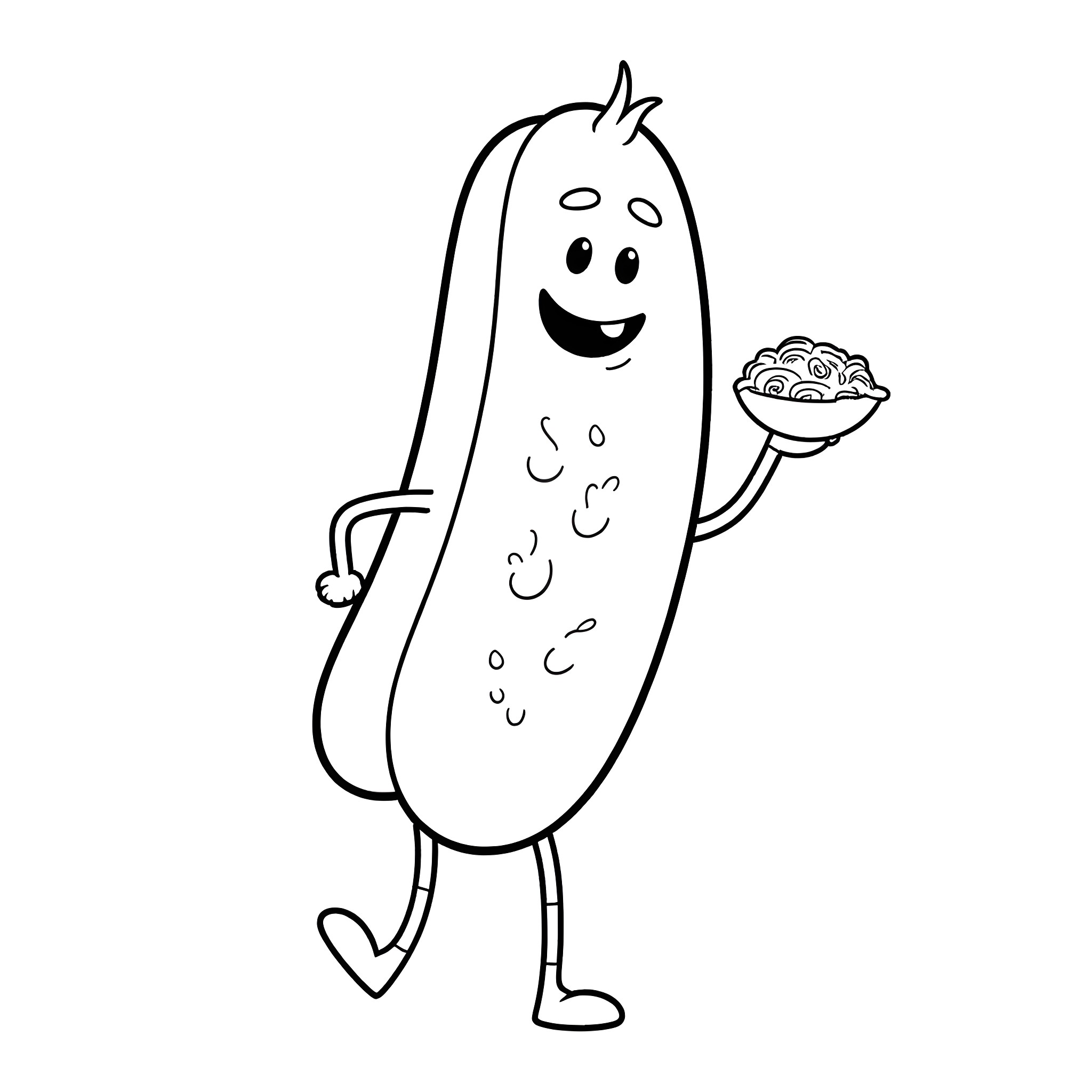 Hotdog character happily serving a bowl of food Coloring Page (free black-and-white line drawing printable PDF for all, from beginners to advanced learners, including children, teens, adults, and seniors)
