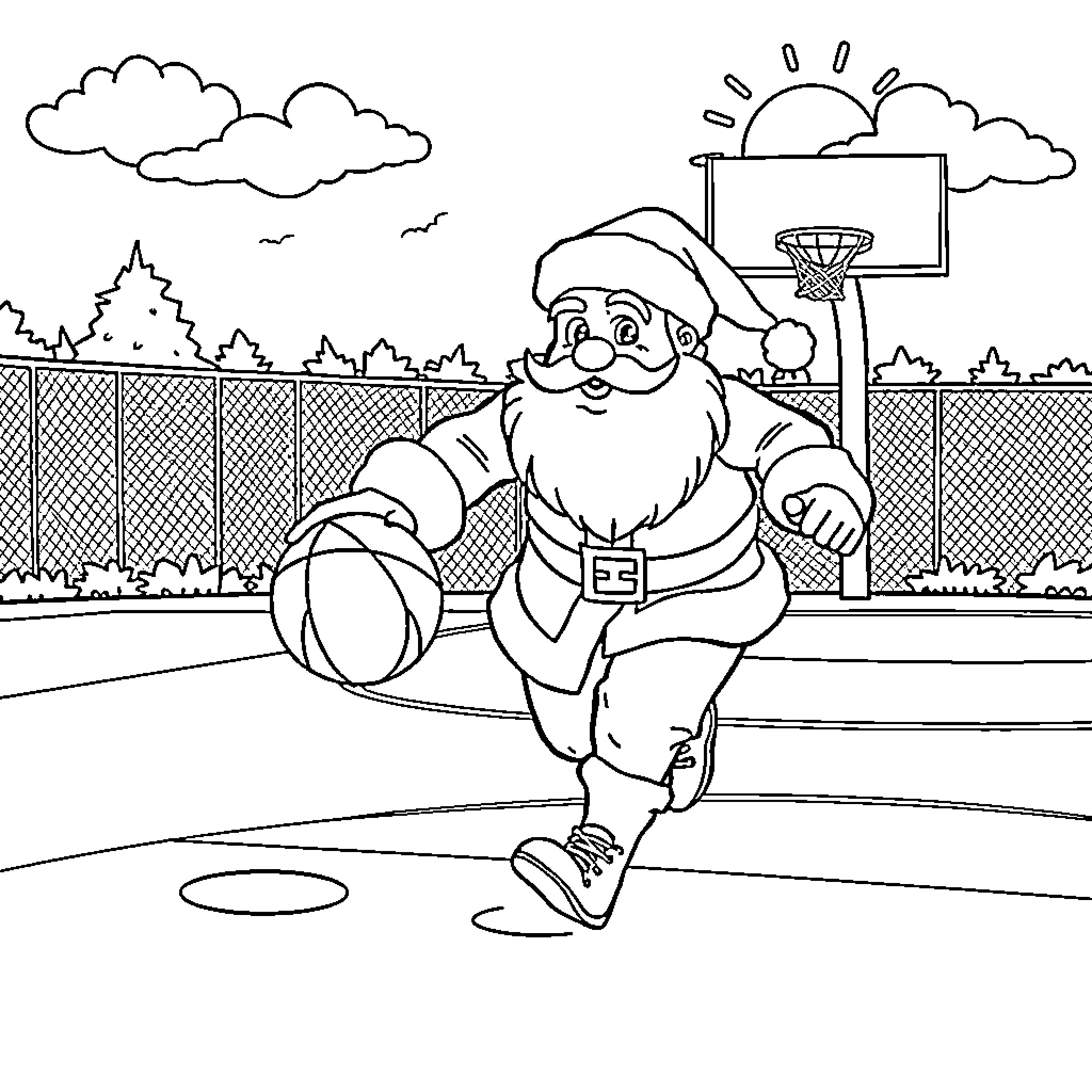 Santa Playing Basketball on a Sunny Day Coloring Page (free black-and-white line drawing printable PDF for all, from beginners to advanced learners, including children, teens, adults, and seniors)