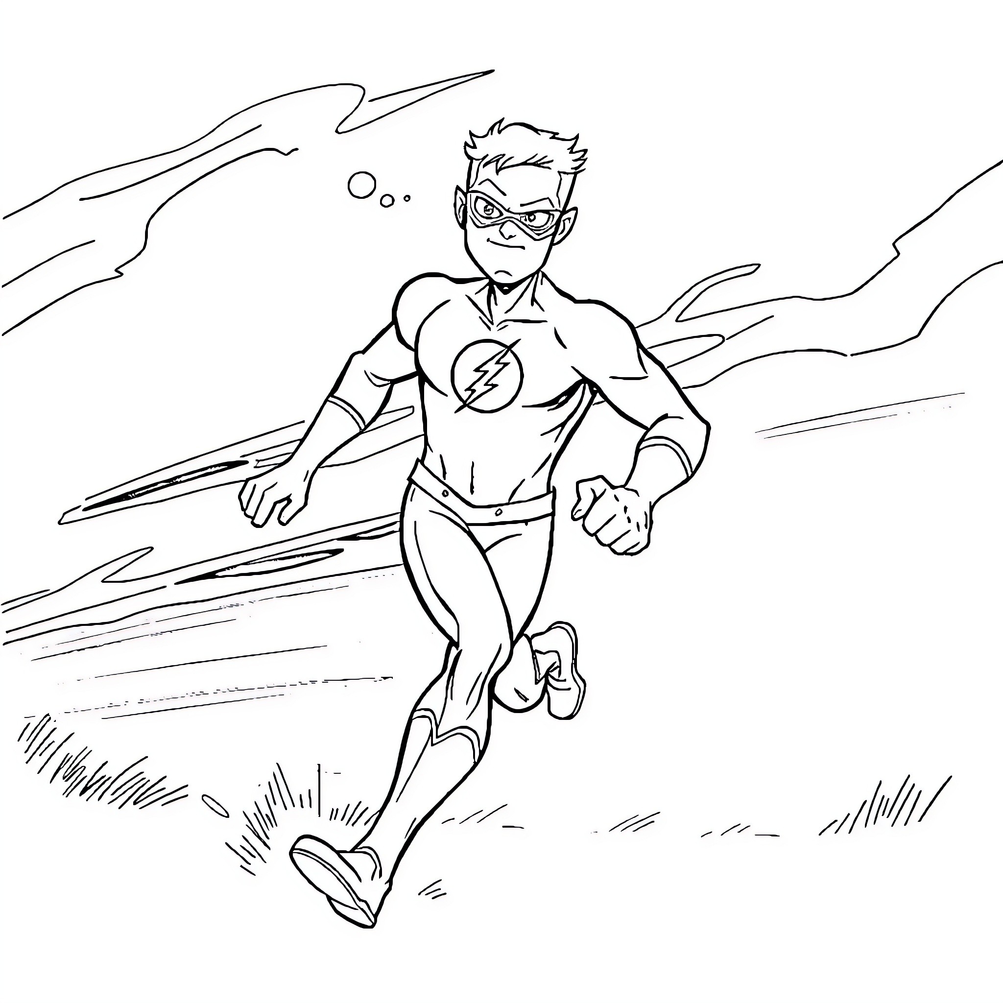 Flash Superhero Sprinting Through the Landscape Coloring Page (free black-and-white line drawing printable PDF for all, from beginners to advanced learners, including children, teens, adults, and seniors)