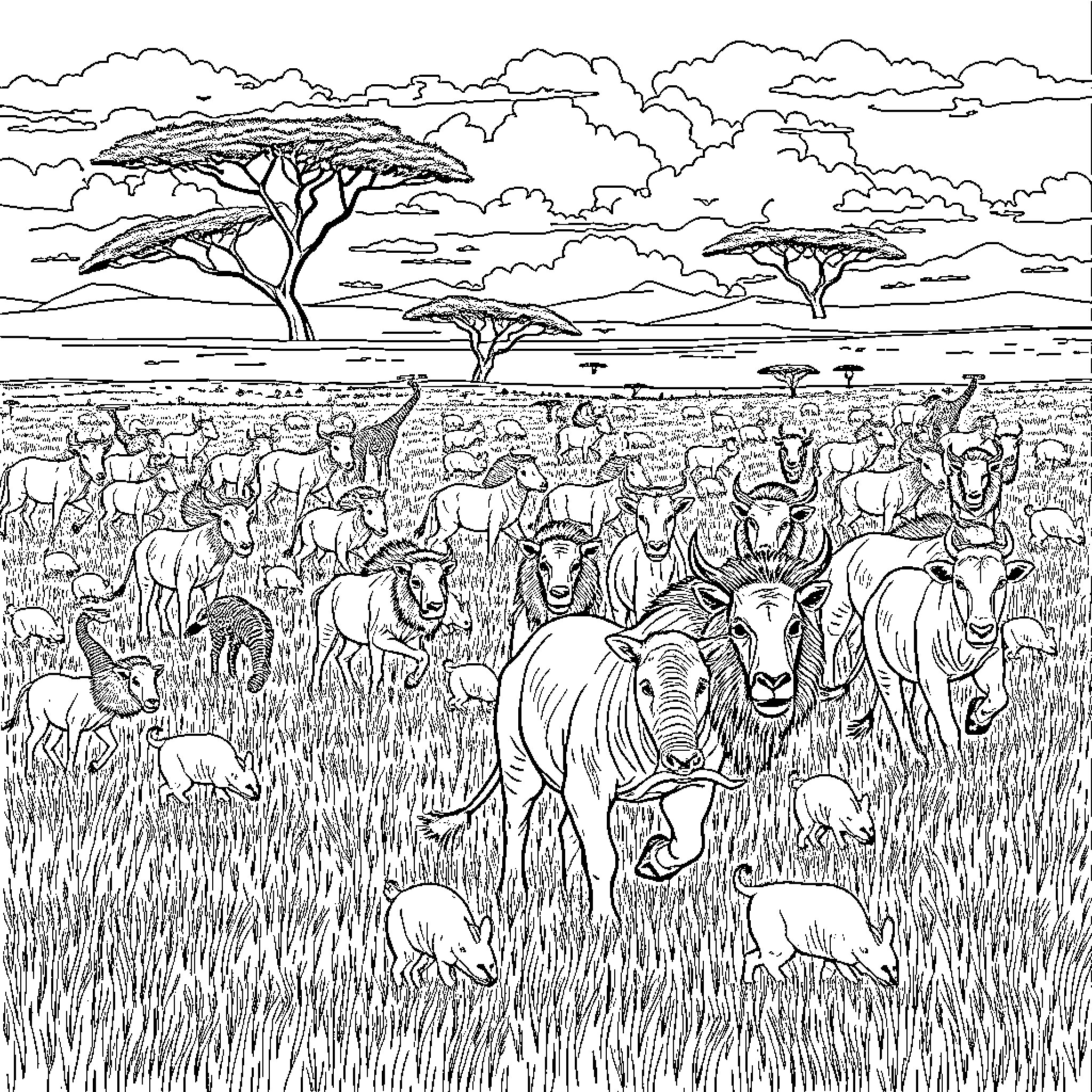 Animal herd grazing in the savanna landscape Coloring Page (free black-and-white line drawing printable PDF for all, from beginners to advanced learners, including children, teens, adults, and seniors)