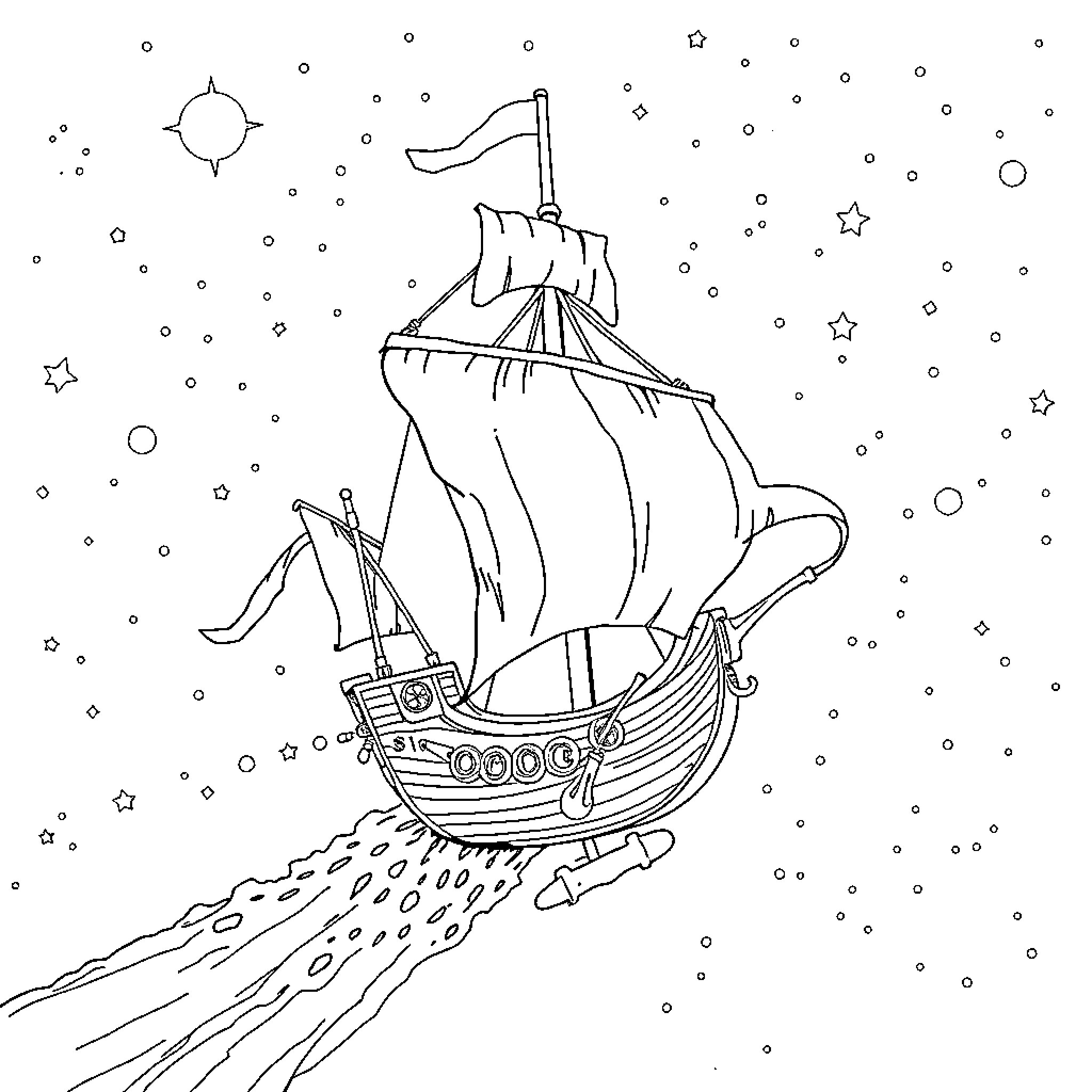 Pirate Ship Sailing Through Starry Night Sky Coloring Page (free black-and-white line drawing printable PDF for all, from beginners to advanced learners, including children, teens, adults, and seniors)