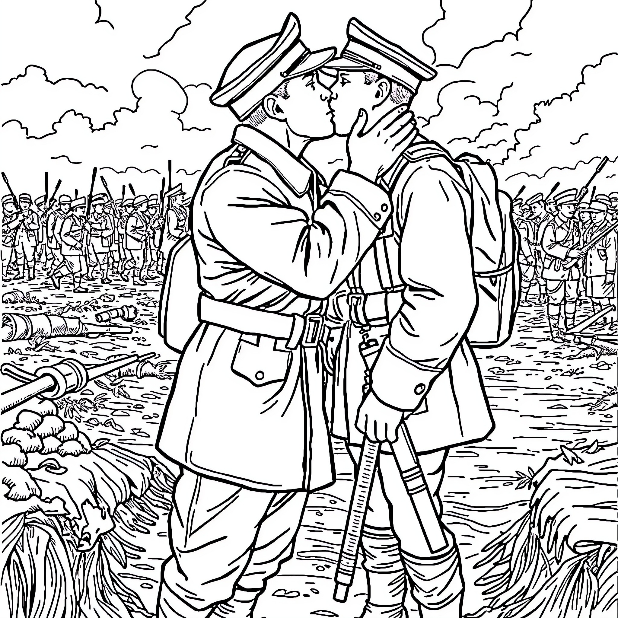 Soldier's Farewell on the Battlefield Coloring Page (free black-and-white line drawing printable PDF for all, from beginners to advanced learners, including children, teens, adults, and seniors)
