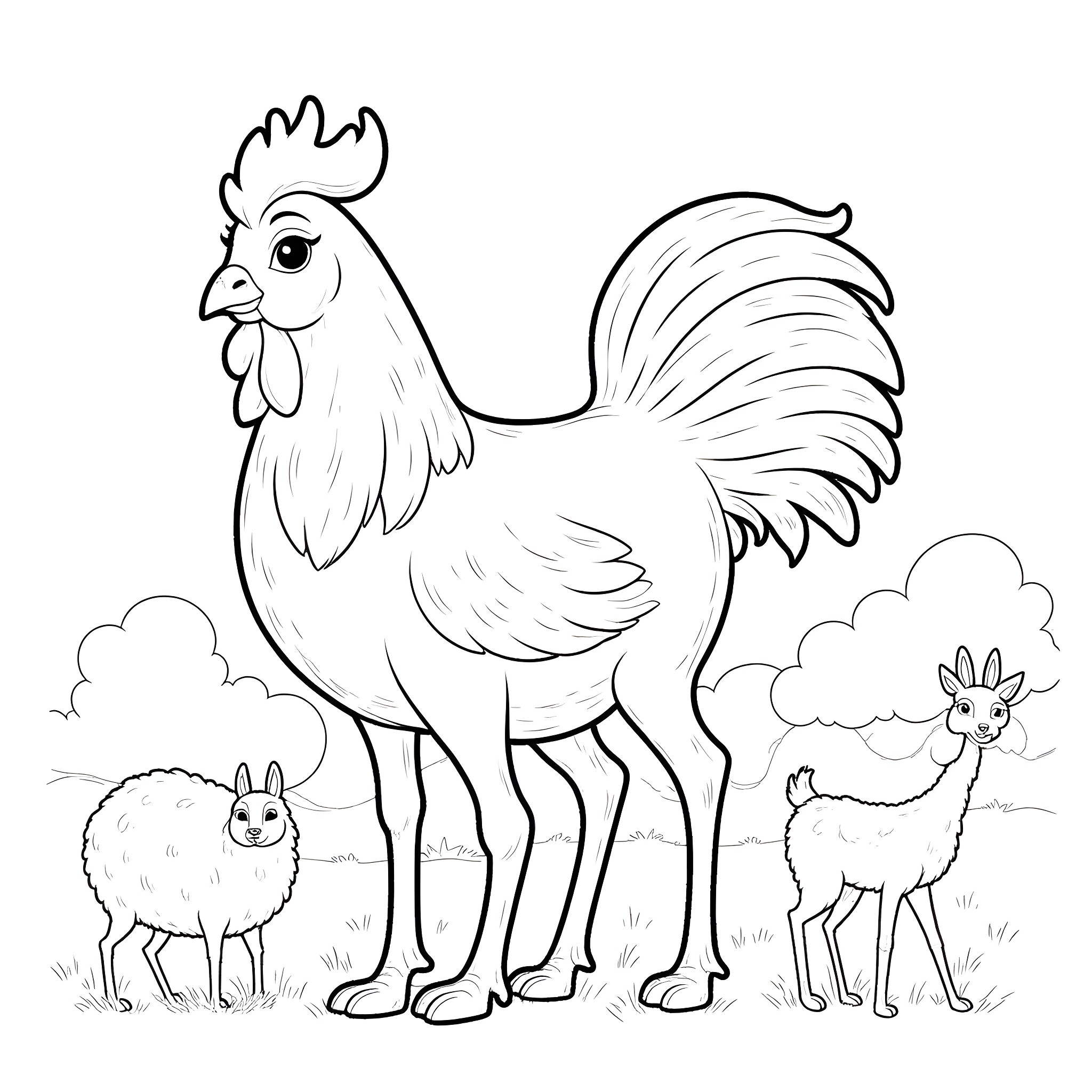 Huhn: A rooster strutting proudly with llamas in the background Coloring Page (free black-and-white line drawing printable PDF for all, from beginners to advanced learners, including children, teens, adults, and seniors)