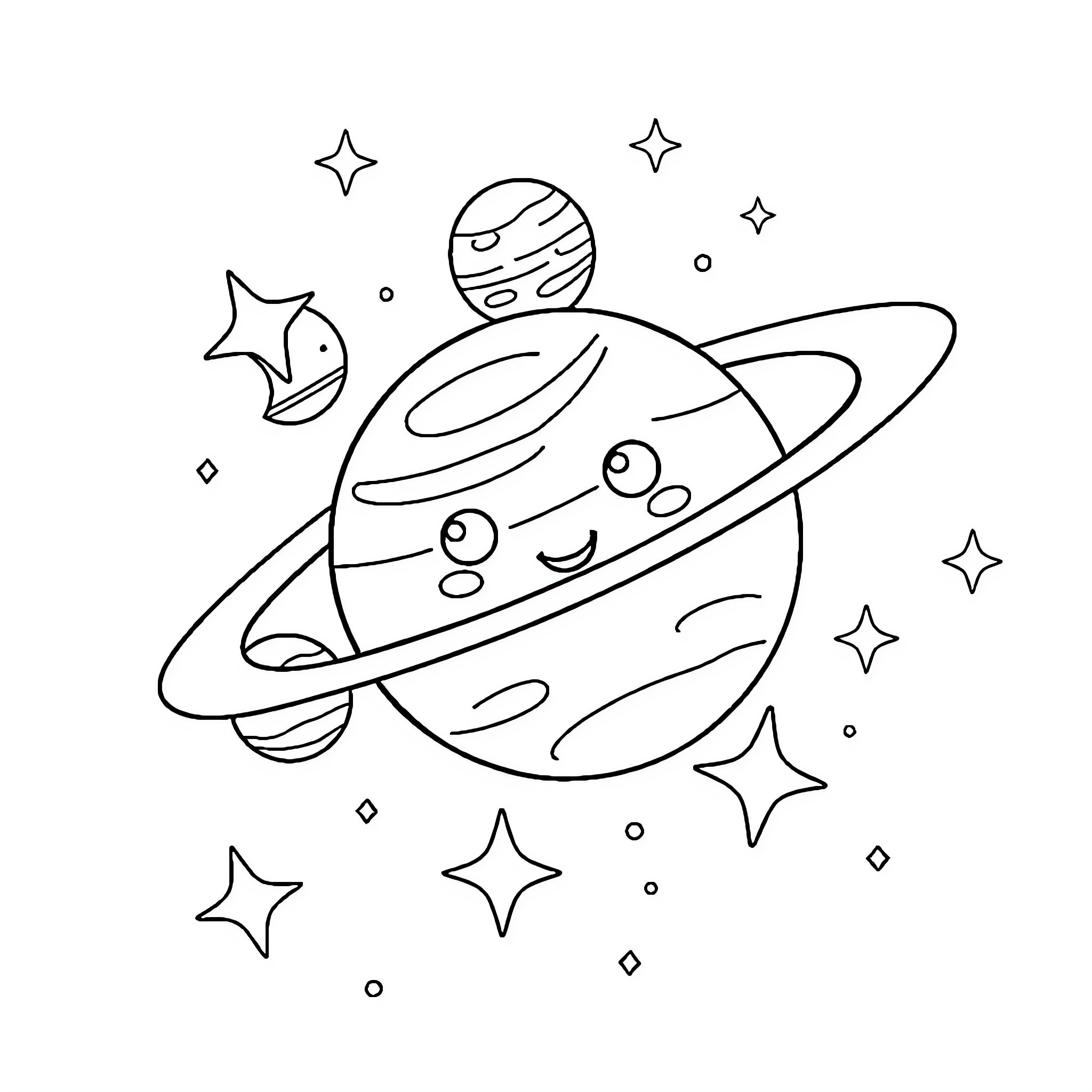 Solar System Cartoon Characters in Space Coloring Page (free black-and-white line drawing printable PDF for all, from beginners to advanced learners, including children, teens, adults, and seniors)