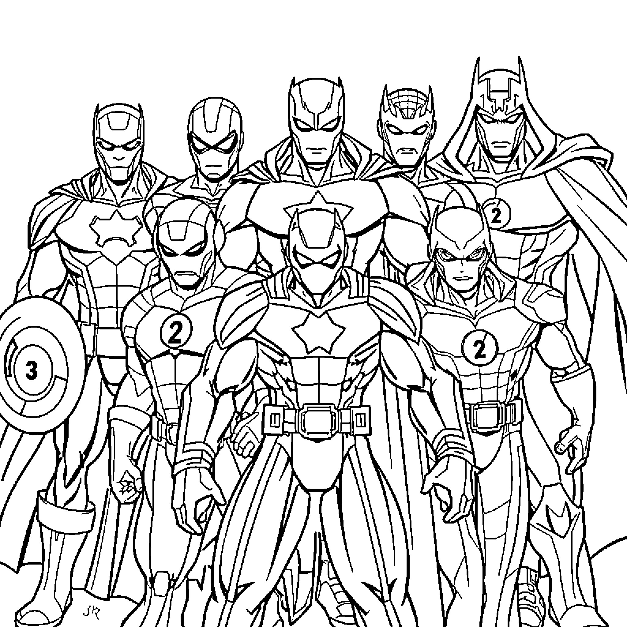 Marvel Superheroes in Action-Packed Poses Coloring Page (free black-and-white line drawing printable PDF for all, from beginners to advanced learners, including children, teens, adults, and seniors)