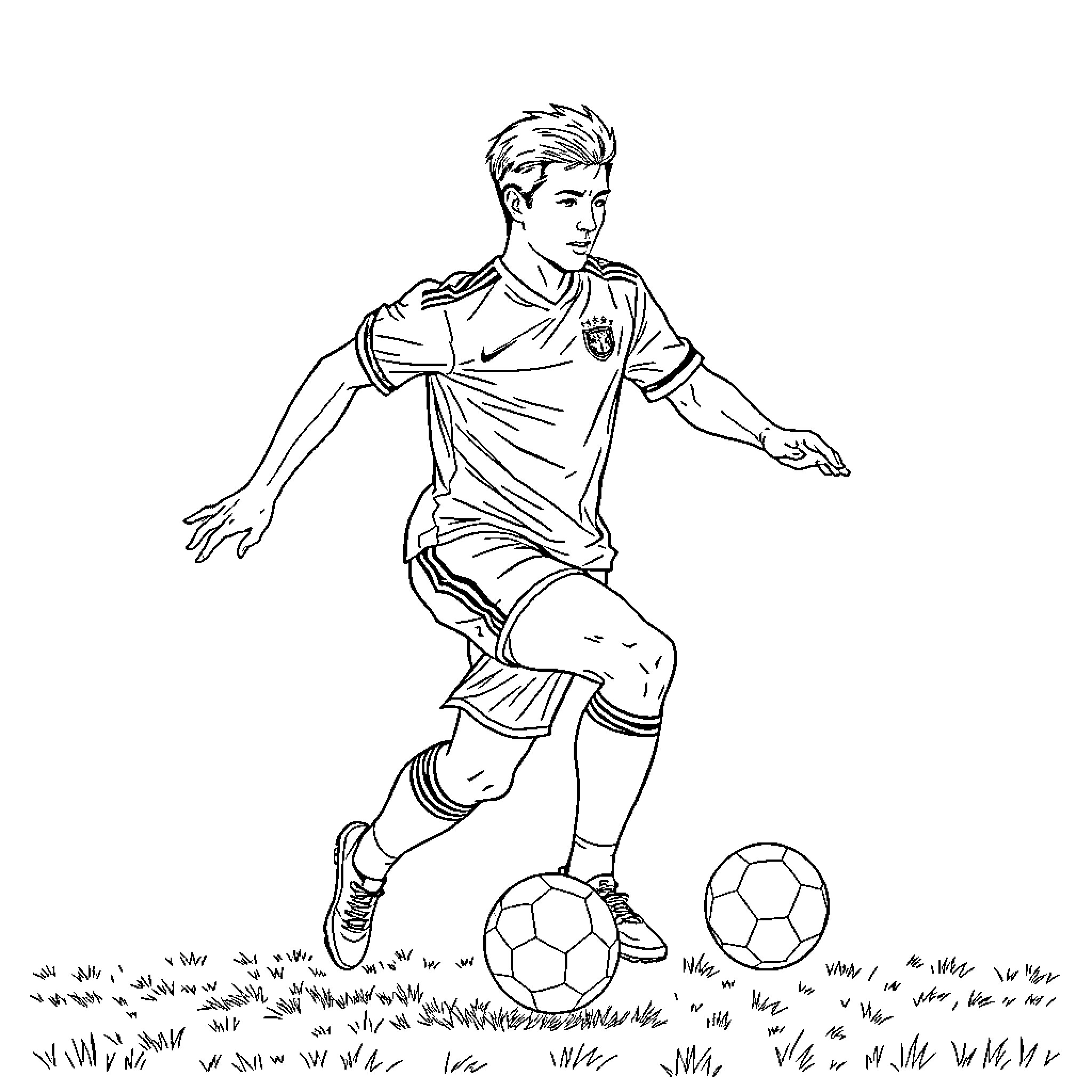 Copa Soccer Player Dribbling on the Field Coloring Page (free black-and-white line drawing printable PDF for all, from beginners to advanced learners, including children, teens, adults, and seniors)