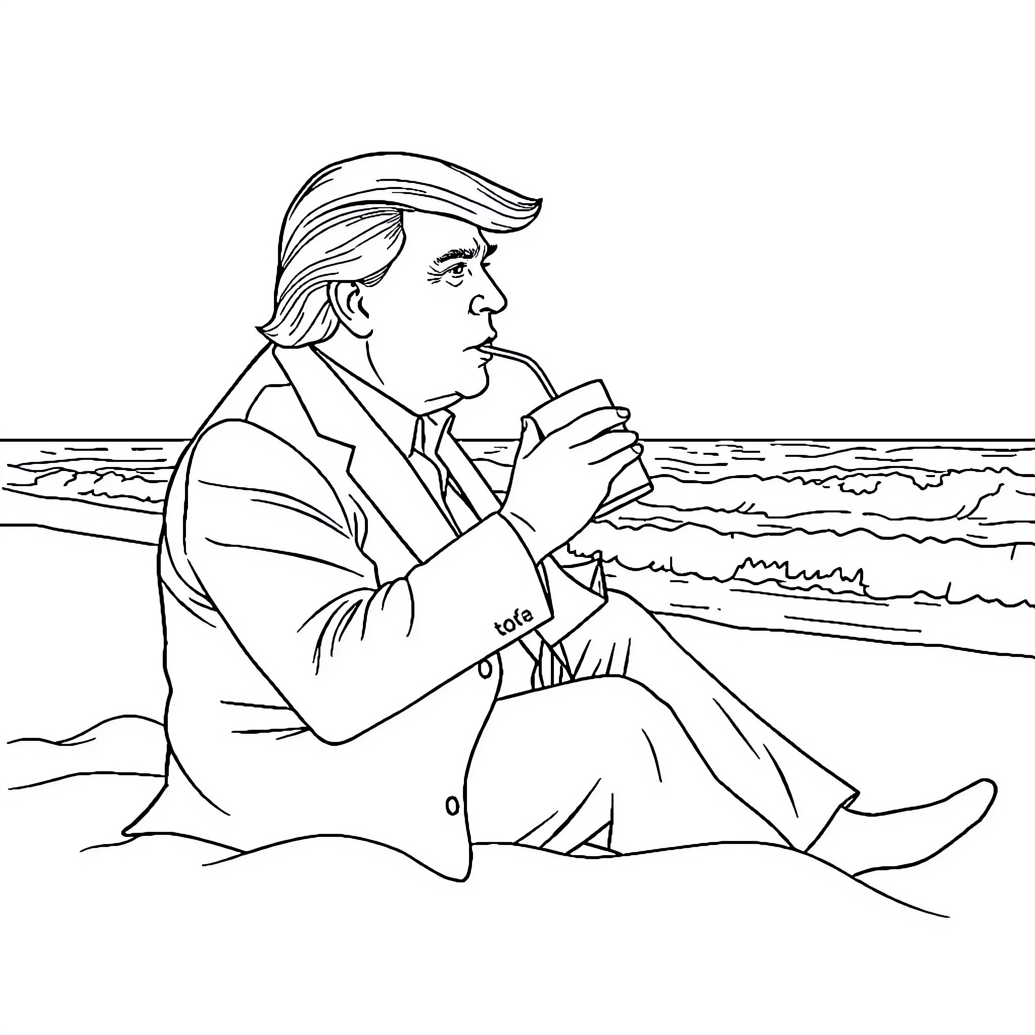 Trump pondering by the ocean Coloring Page (free black-and-white line drawing printable PDF for all, from beginners to advanced learners, including children, teens, adults, and seniors)