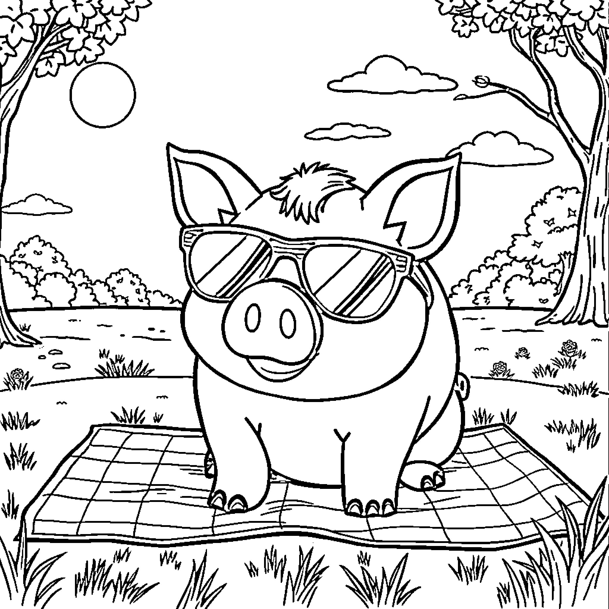 Piggy Bank Relaxing in Picnic Setting Coloring Page (free black-and-white line drawing printable PDF for all, from beginners to advanced learners, including children, teens, adults, and seniors)