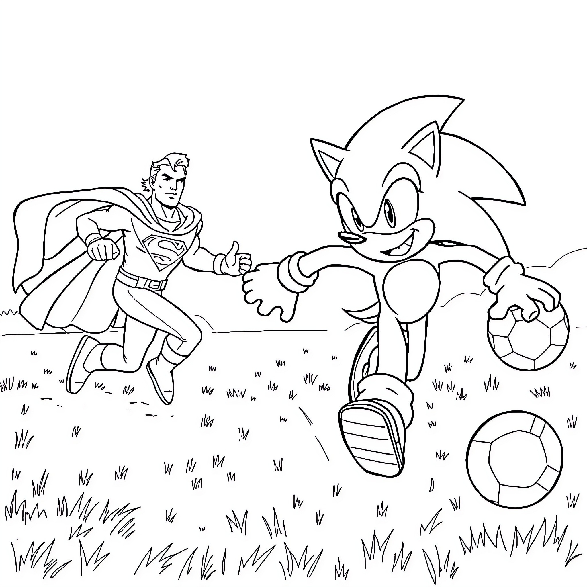 Sonic and superhero playing joyfully in nature Coloring Page (free black-and-white line drawing printable PDF for all, from beginners to advanced learners, including children, teens, adults, and seniors)