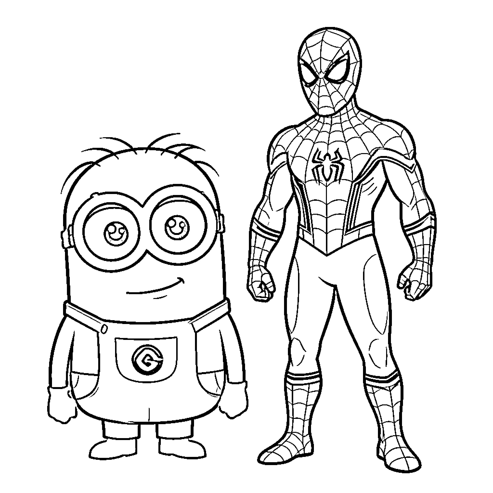 Minion standing next to a superhero character Coloring Page (free black-and-white line drawing printable PDF for all, from beginners to advanced learners, including children, teens, adults, and seniors)