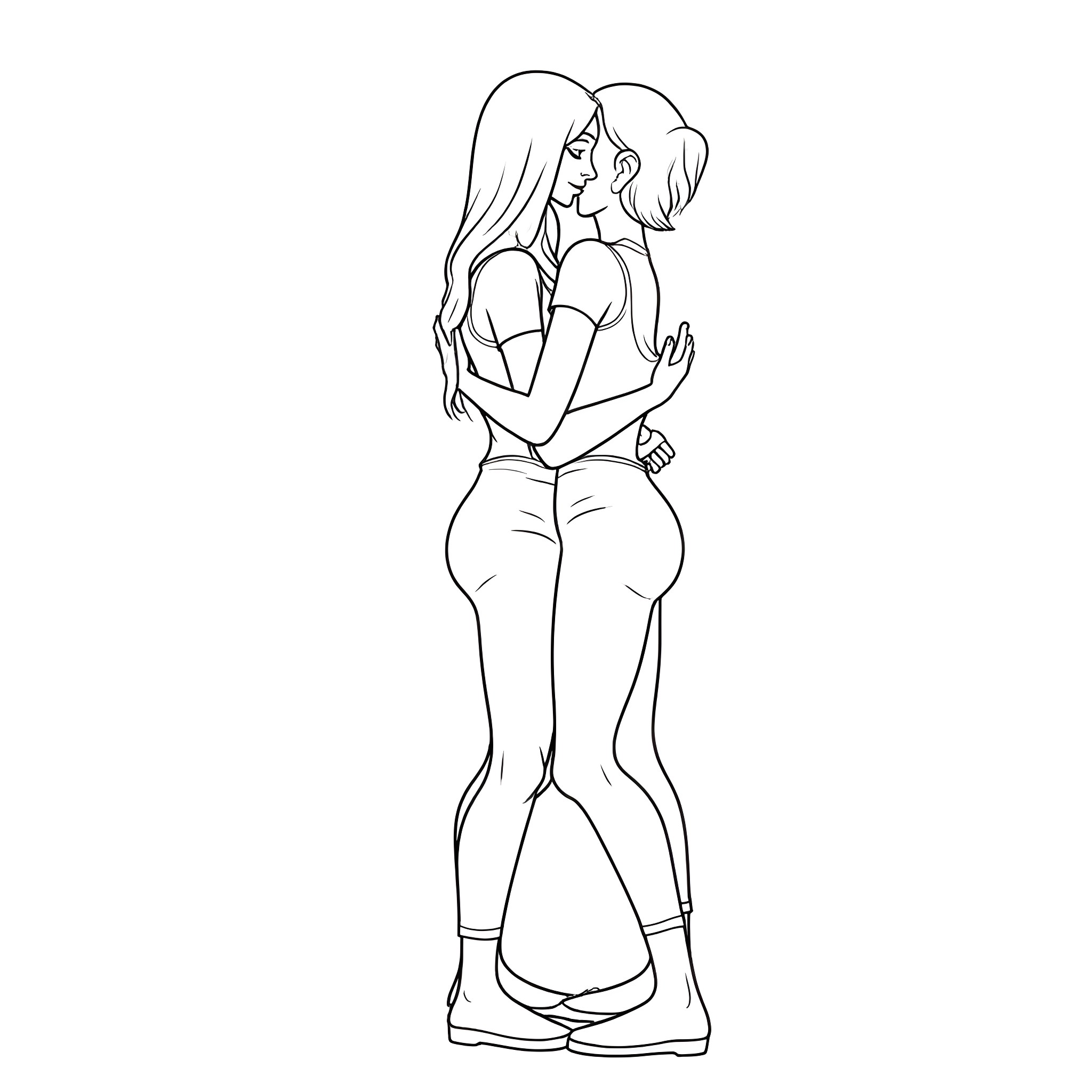 Lesbian Couple Embracing Tenderly Coloring Page (free black-and-white line drawing printable PDF for all, from beginners to advanced learners, including children, teens, adults, and seniors)