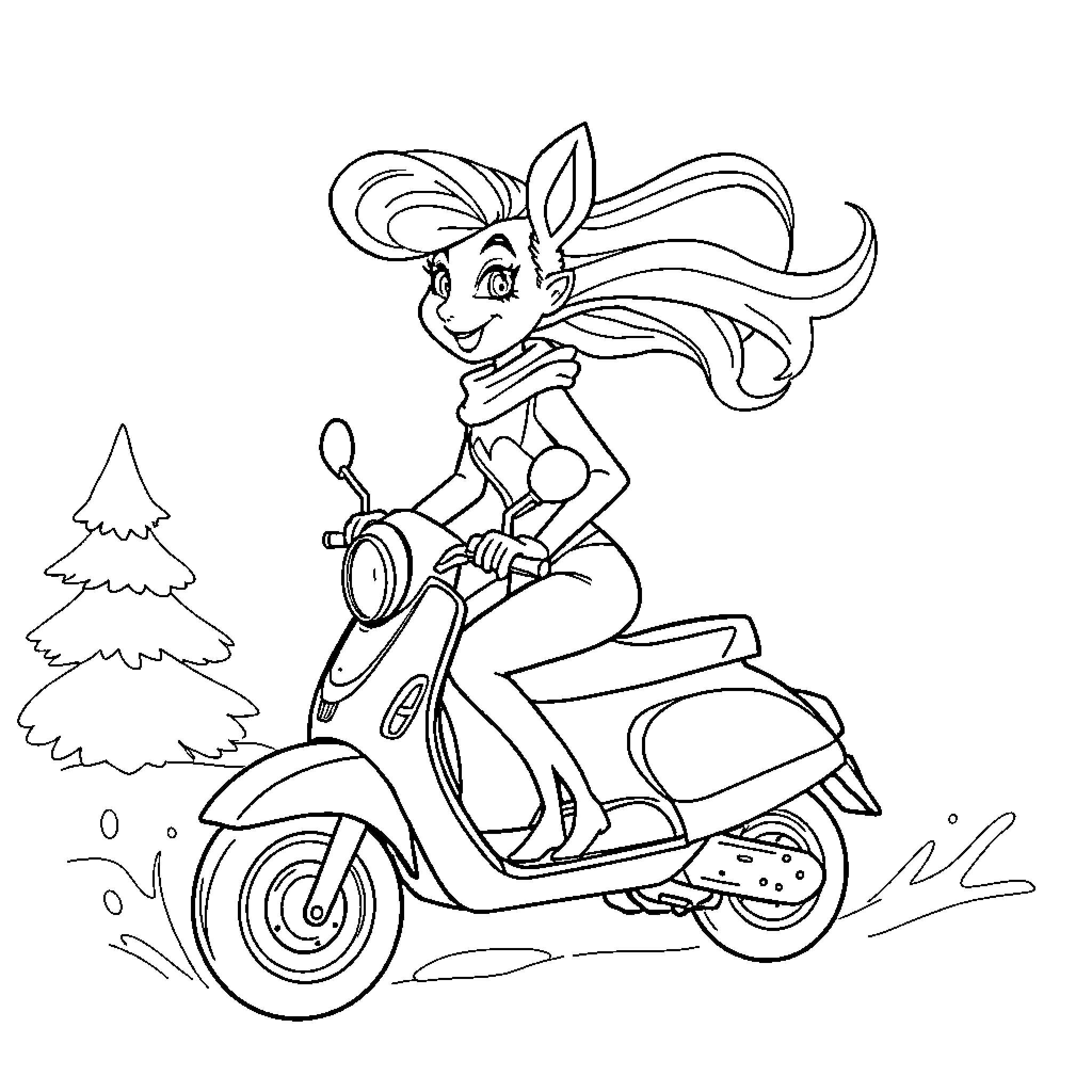 Queen Riding Scooter in Winter Wonderland Coloring Page (free black-and-white line drawing printable PDF for all, from beginners to advanced learners, including children, teens, adults, and seniors)