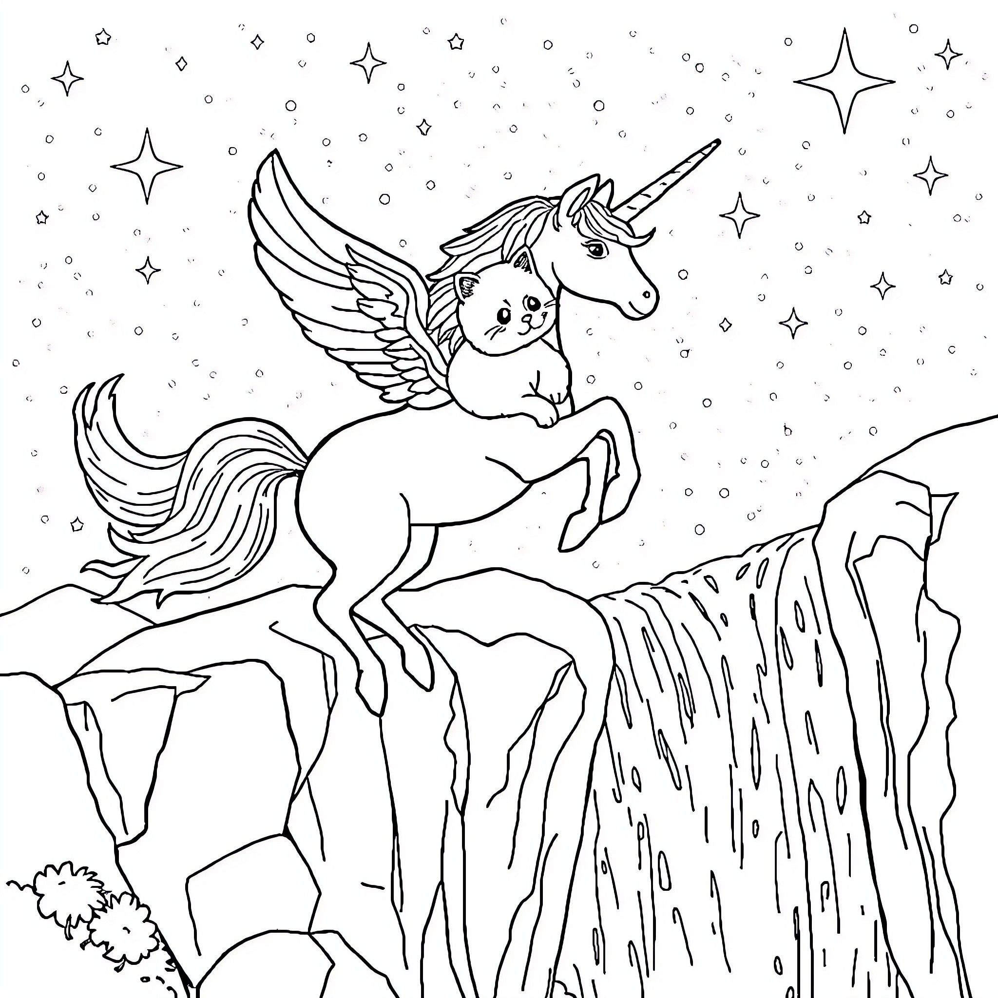 Unicorn with wings soaring over a magical landscape Coloring Page (free black-and-white line drawing printable PDF for all, from beginners to advanced learners, including children, teens, adults, and seniors)