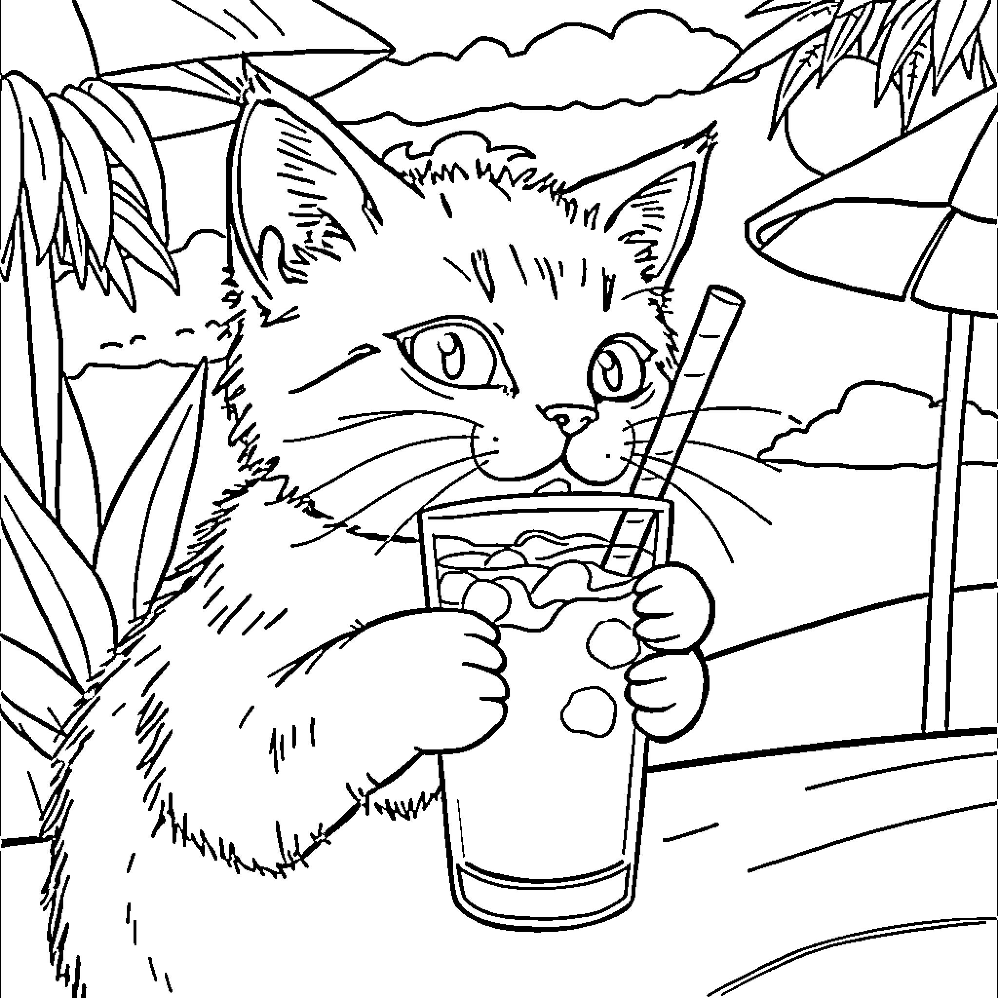 Cat enjoying a refreshing drink on the beach Coloring Page (free black-and-white line drawing printable PDF for all, from beginners to advanced learners, including children, teens, adults, and seniors)