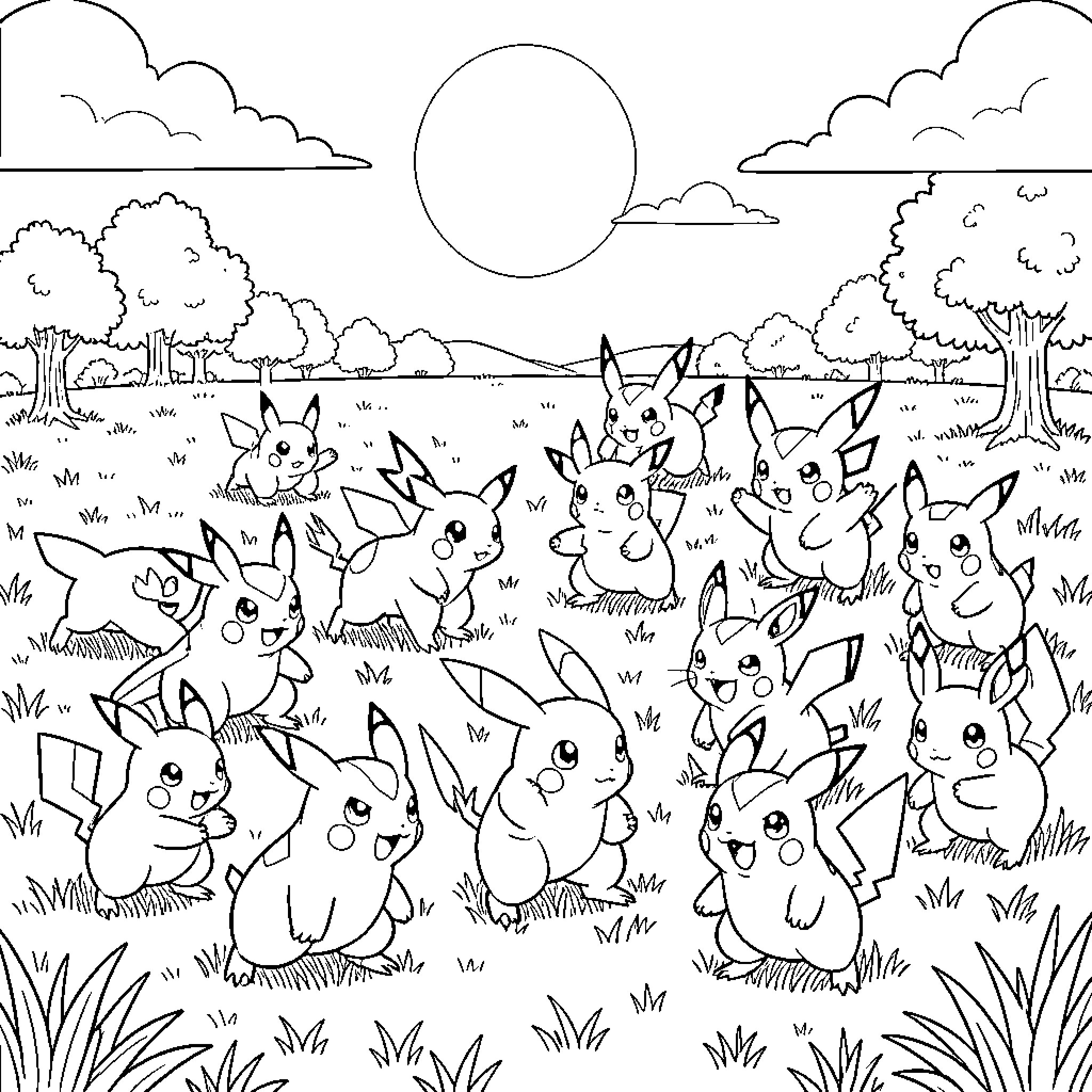 Pokémon Pikachu gathering happily in a grassy field Coloring Page (free black-and-white line drawing printable PDF for all, from beginners to advanced learners, including children, teens, adults, and seniors)