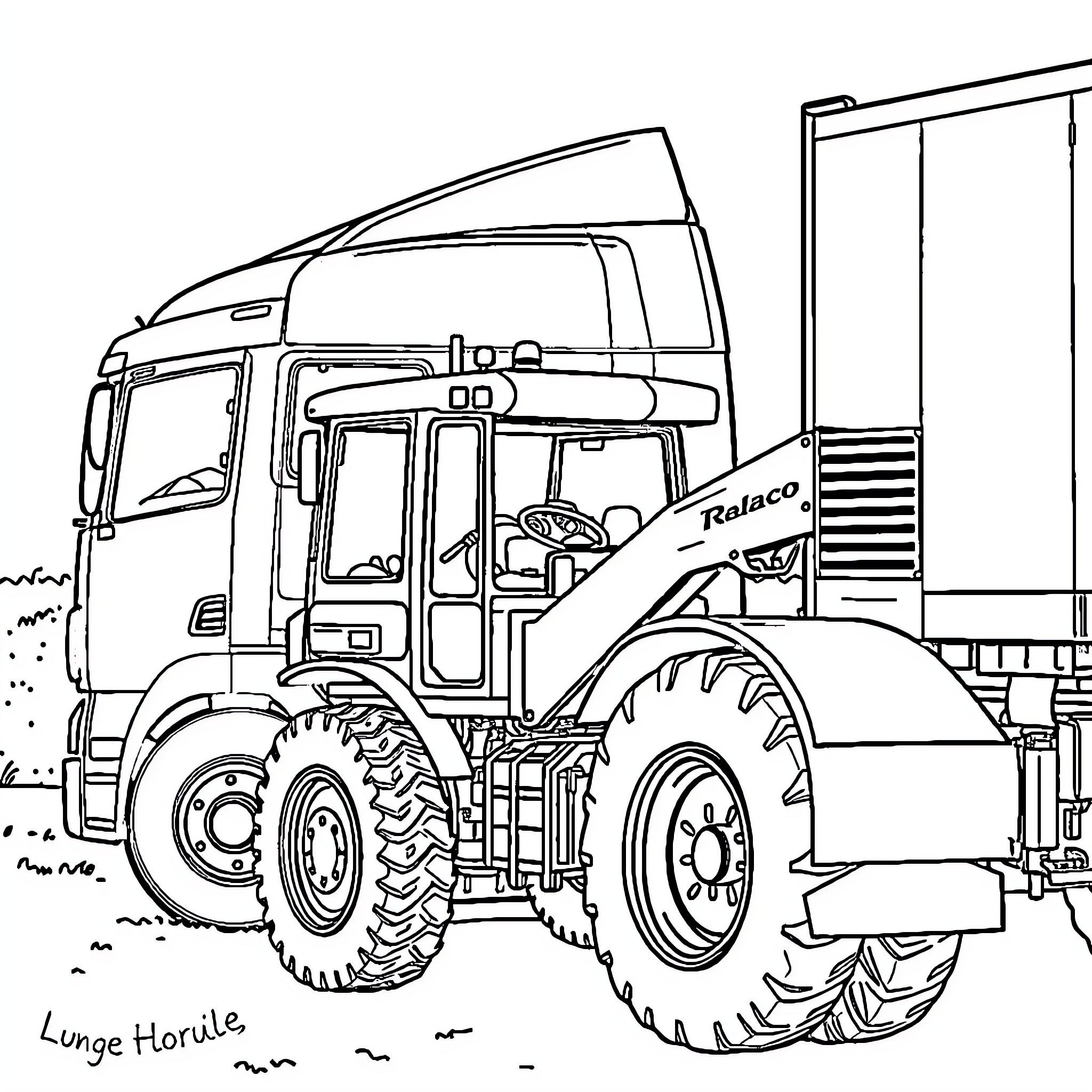 Tractor on the farm with a trailer Coloring Page (free black-and-white line drawing printable PDF for all, from beginners to advanced learners, including children, teens, adults, and seniors)