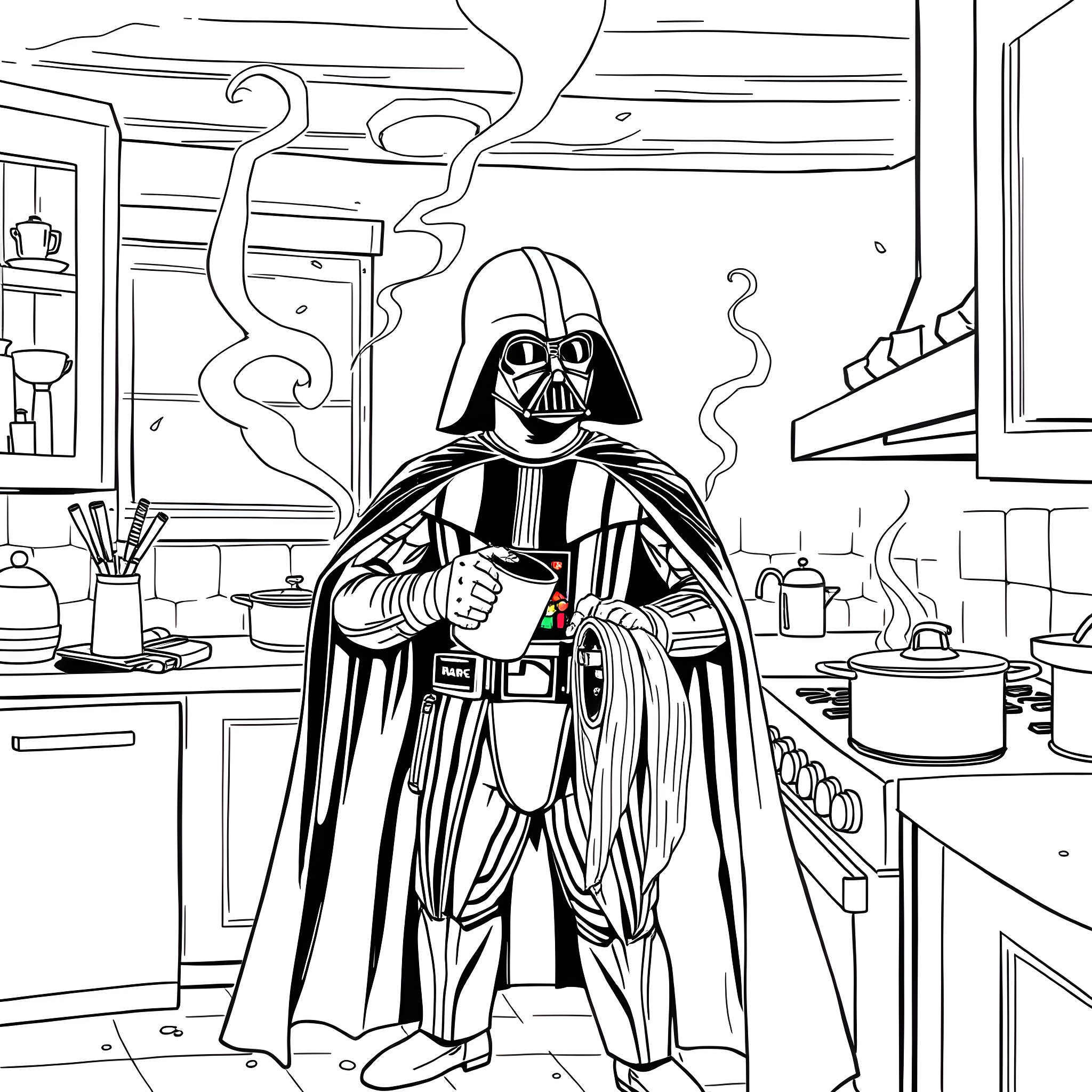Darth Vader cooking in the kitchen Coloring Page (free black-and-white line drawing printable PDF for all, from beginners to advanced learners, including children, teens, adults, and seniors)