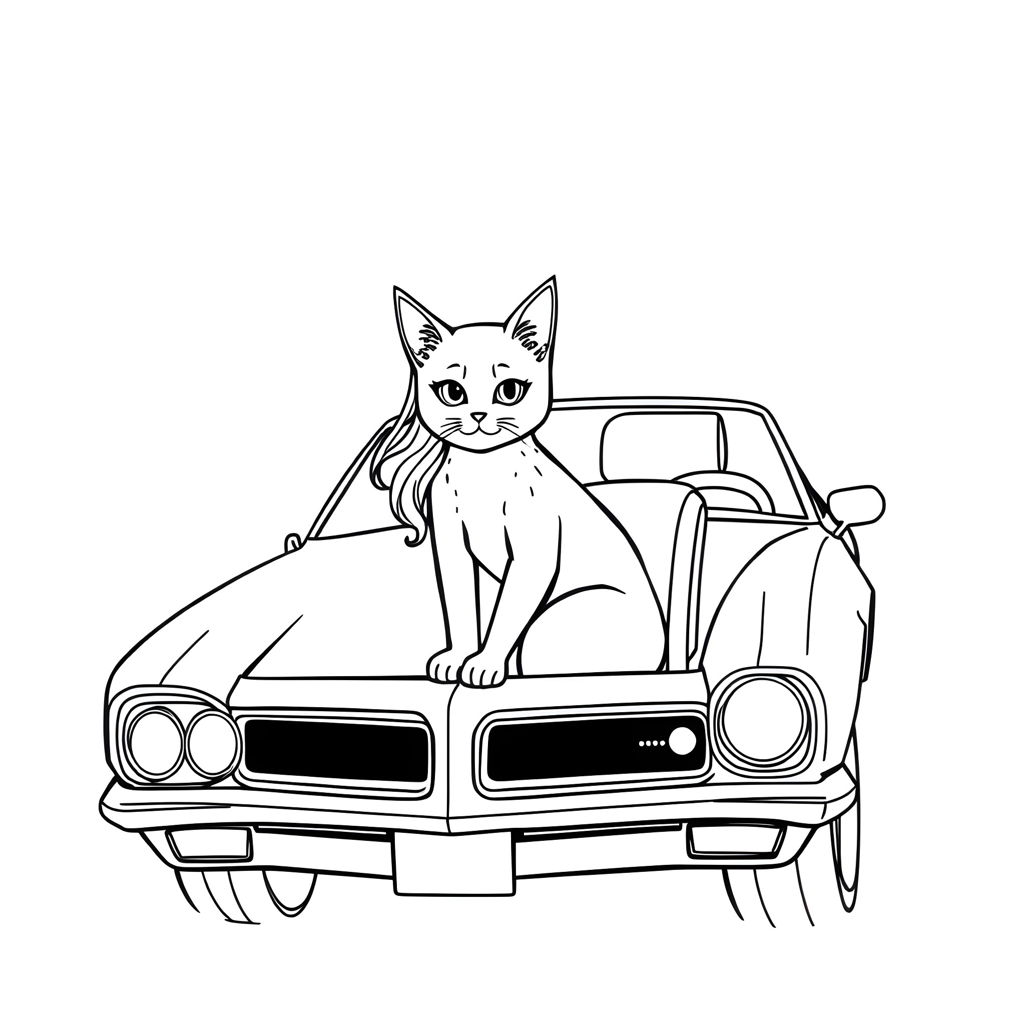 Teen Girl Posing with Classic Car Coloring Page (free black-and-white line drawing printable PDF for all, from beginners to advanced learners, including children, teens, adults, and seniors)