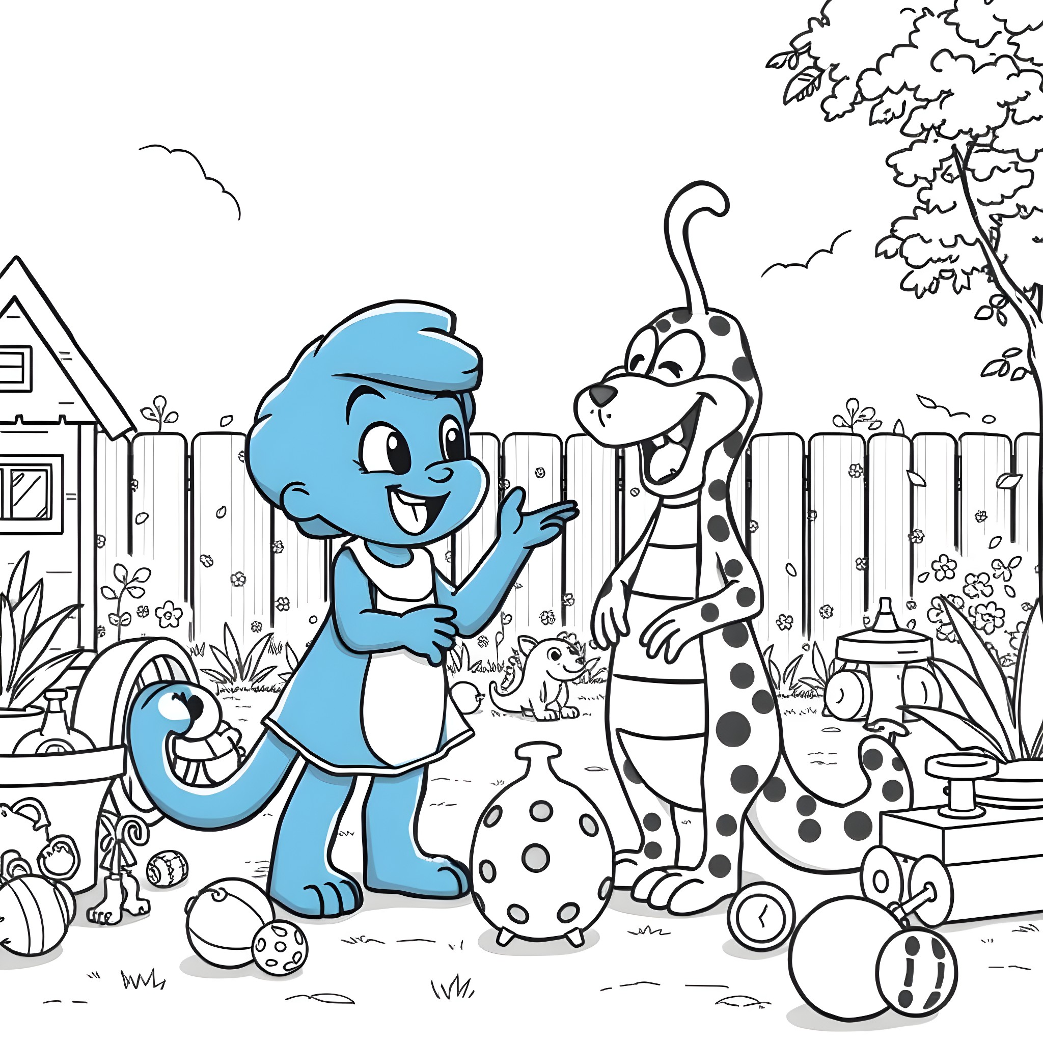 Bluey and friends explore the neighborhood Coloring Page (free black-and-white line drawing printable PDF for all, from beginners to advanced learners, including children, teens, adults, and seniors)