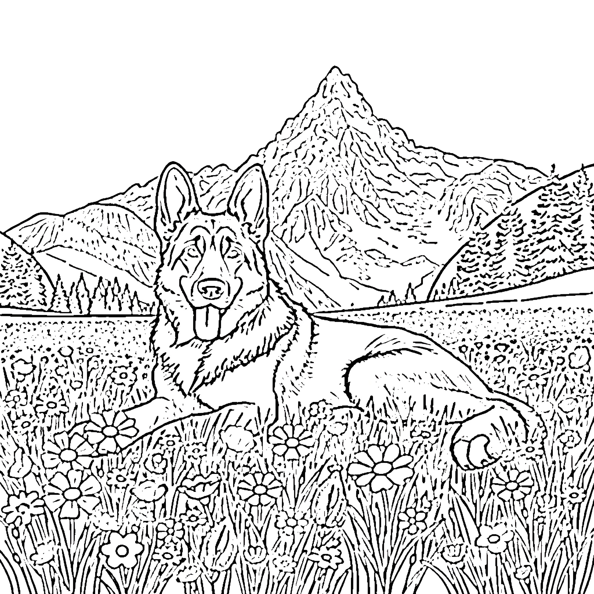 German Shepherd exploring nature's beauty Coloring Page (free black-and-white line drawing printable PDF for all, from beginners to advanced learners, including children, teens, adults, and seniors)