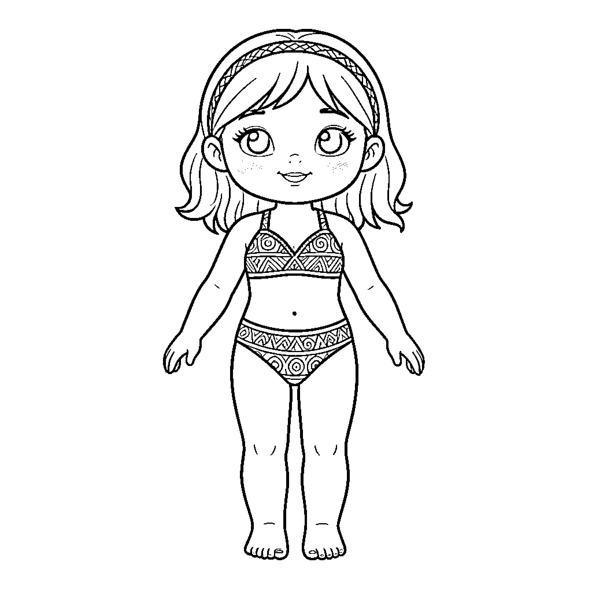 Doll wearing patterned swimwear and a headband Coloring Page (free black-and-white line drawing printable PDF for all, from beginners to advanced learners, including children, teens, adults, and seniors)