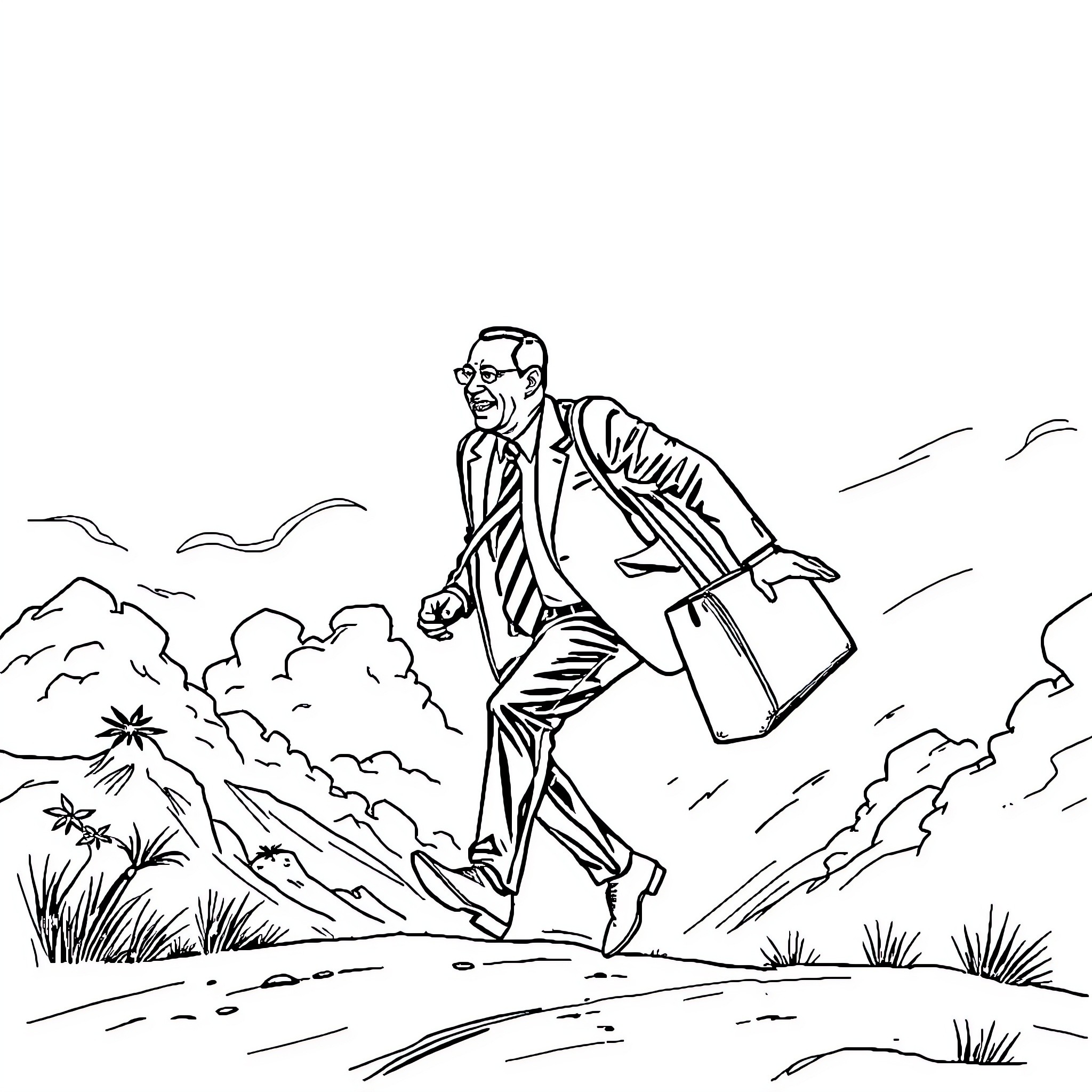 Paul Biya walking briskly through the countryside Coloring Page (free black-and-white line drawing printable PDF for all, from beginners to advanced learners, including children, teens, adults, and seniors)