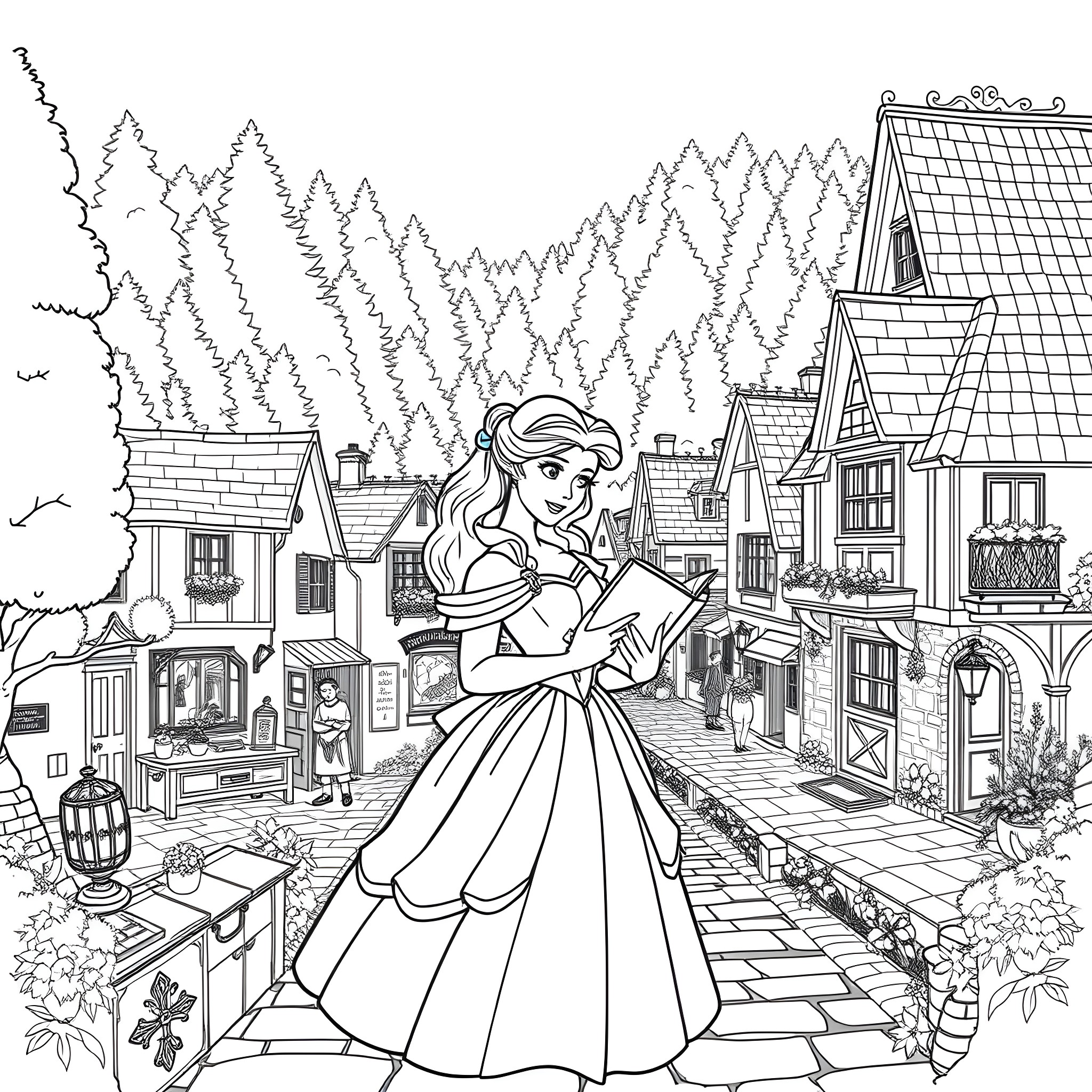 Belle Reading a Book in a Quaint Village Coloring Page (free black-and-white line drawing printable PDF for all, from beginners to advanced learners, including children, teens, adults, and seniors)