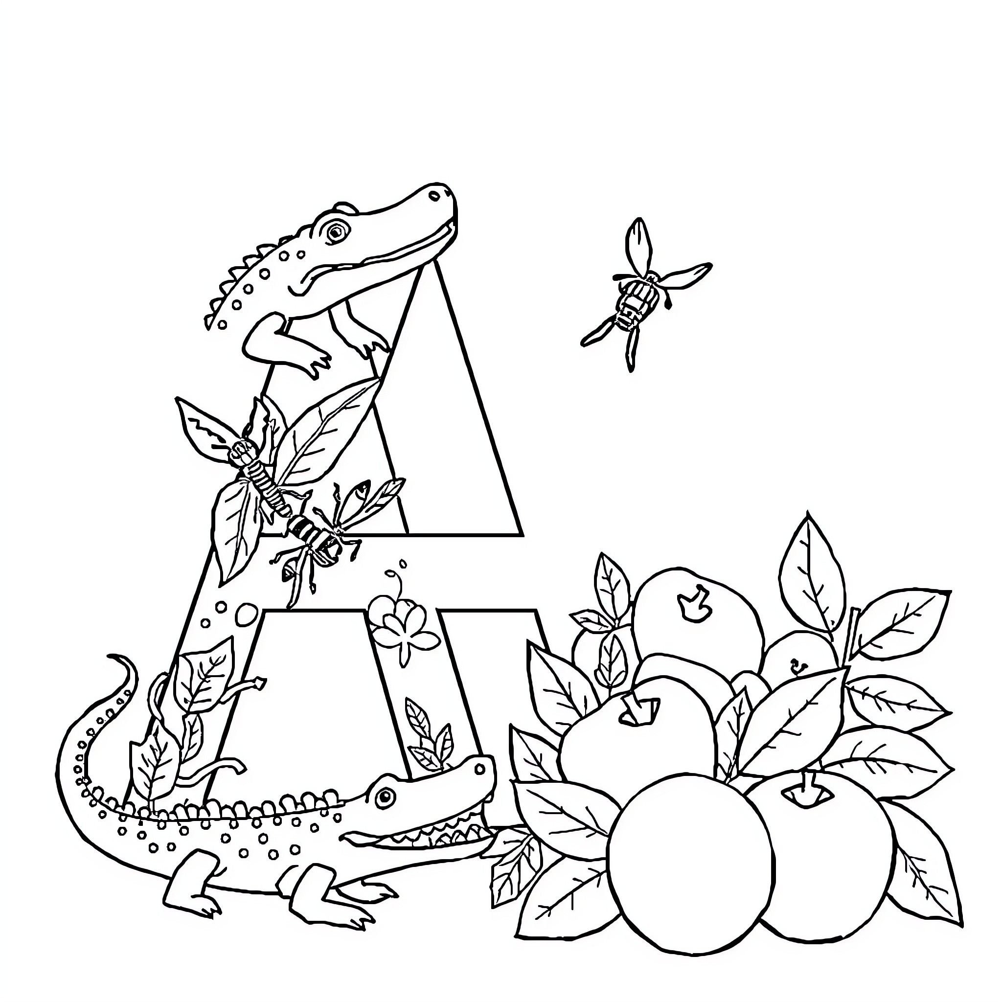 Letter A with Playful Animals and Fruits Coloring Page (free black-and-white line drawing printable PDF for all, from beginners to advanced learners, including children, teens, adults, and seniors)