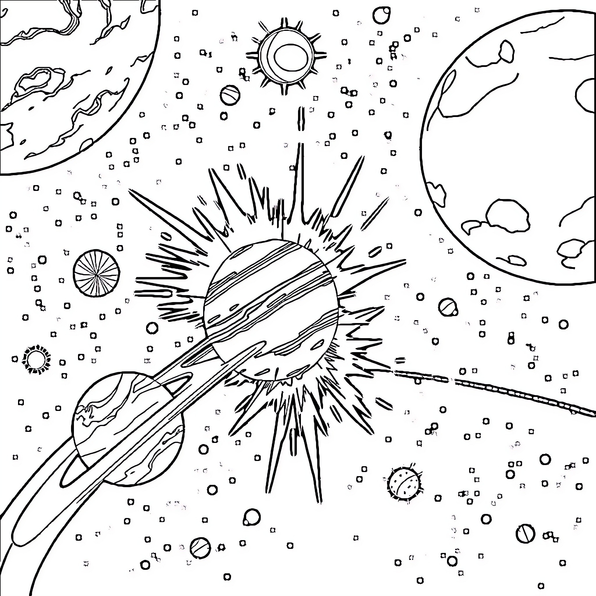 Planet of cosmic wonders and celestial objects Coloring Page (free black-and-white line drawing printable PDF for all, from beginners to advanced learners, including children, teens, adults, and seniors)