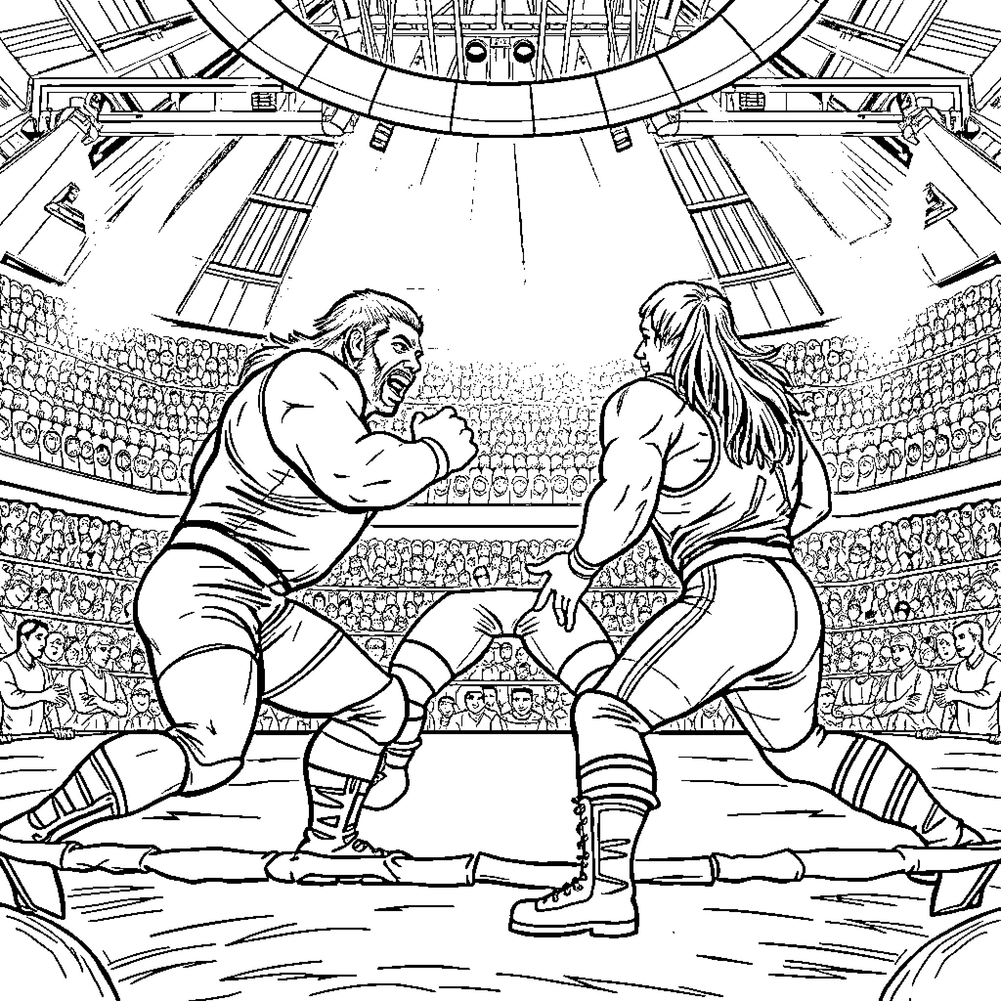 Wrestling - Intense Grappling Match in the Arena Coloring Page (free black-and-white line drawing printable PDF for all, from beginners to advanced learners, including children, teens, adults, and seniors)