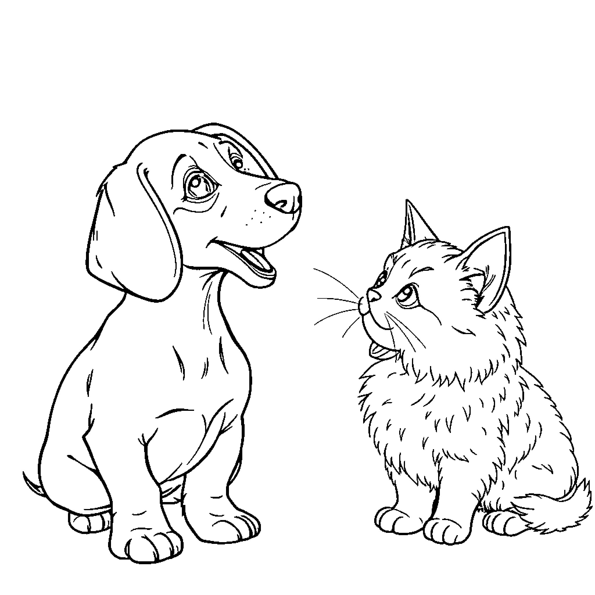 Dachshund and Cat Playing Together Coloring Page (free black-and-white line drawing printable PDF for all, from beginners to advanced learners, including children, teens, adults, and seniors)