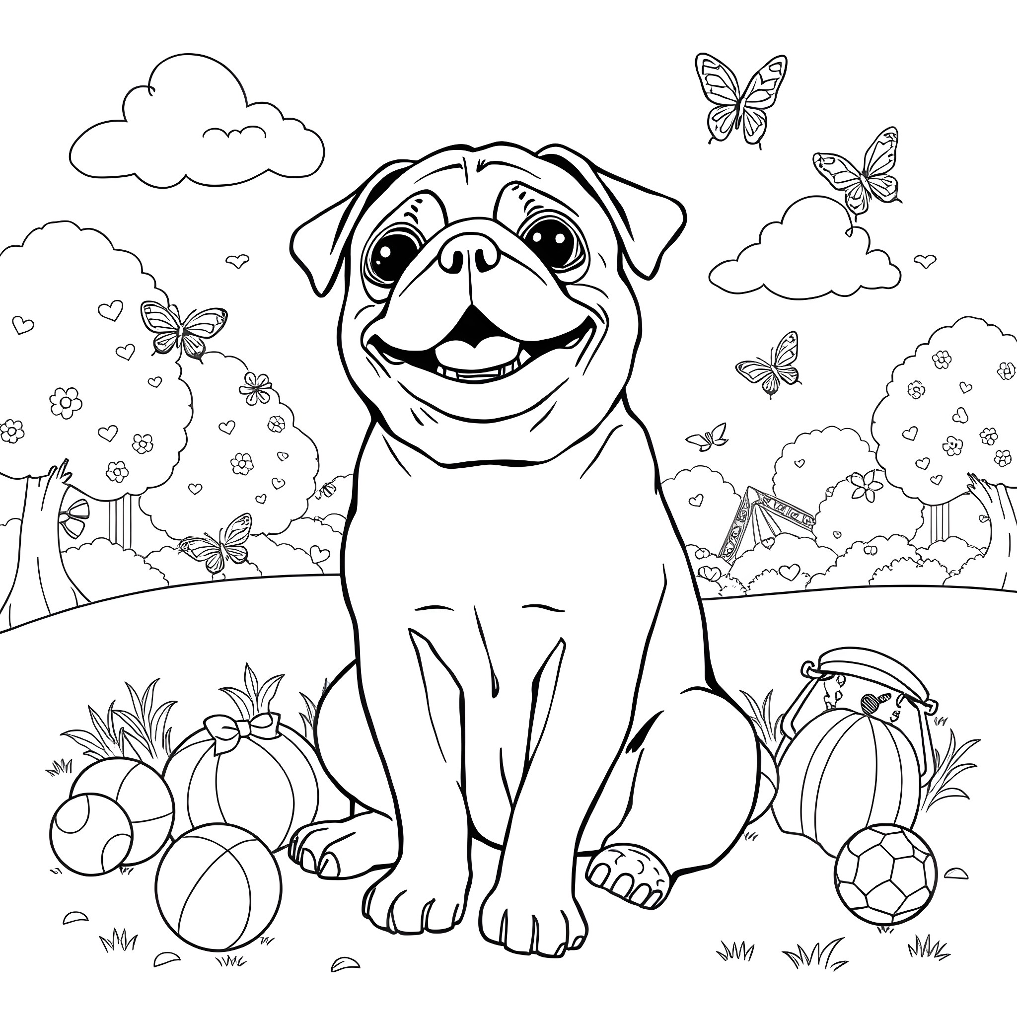 Pug playing with butterflies in the park Coloring Page (free black-and-white line drawing printable PDF for all, from beginners to advanced learners, including children, teens, adults, and seniors)