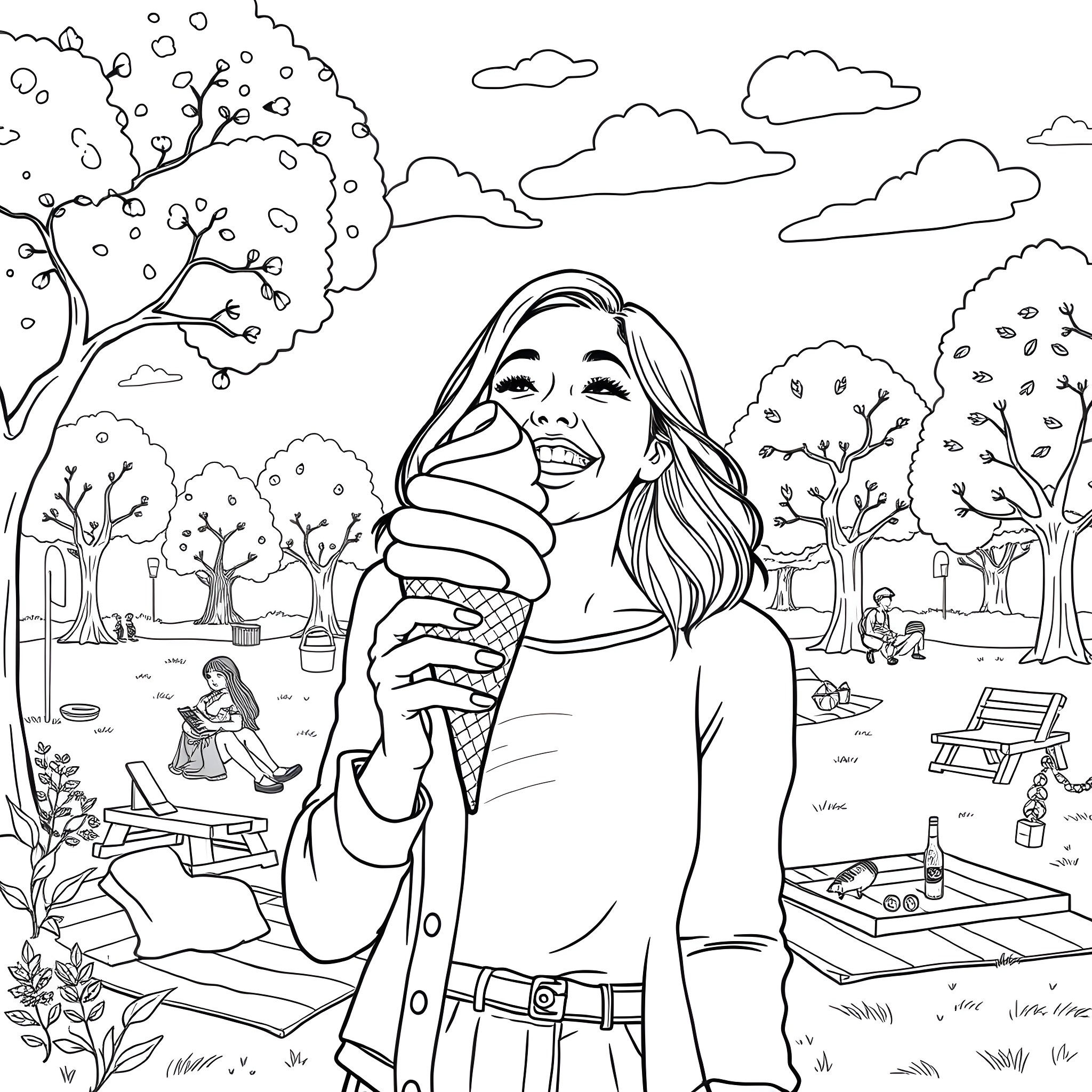 Woman enjoying ice cream in the park Coloring Page (free black-and-white line drawing printable PDF for all, from beginners to advanced learners, including children, teens, adults, and seniors)