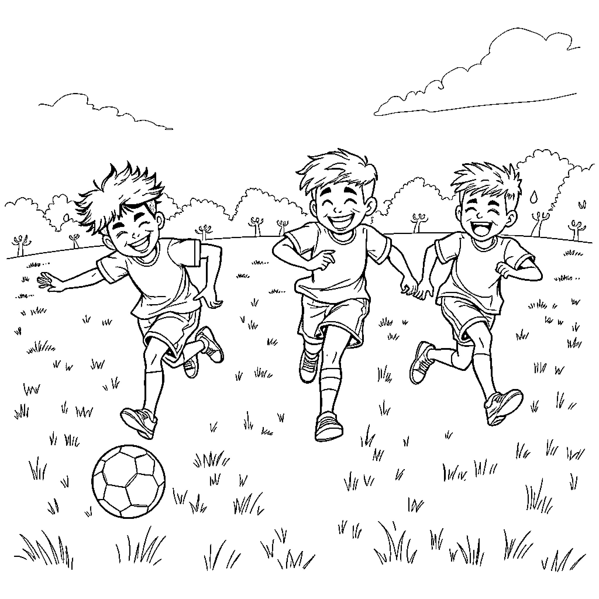 Boy's joyful outdoor play with soccer ball Coloring Page (free black-and-white line drawing printable PDF for all, from beginners to advanced learners, including children, teens, adults, and seniors)