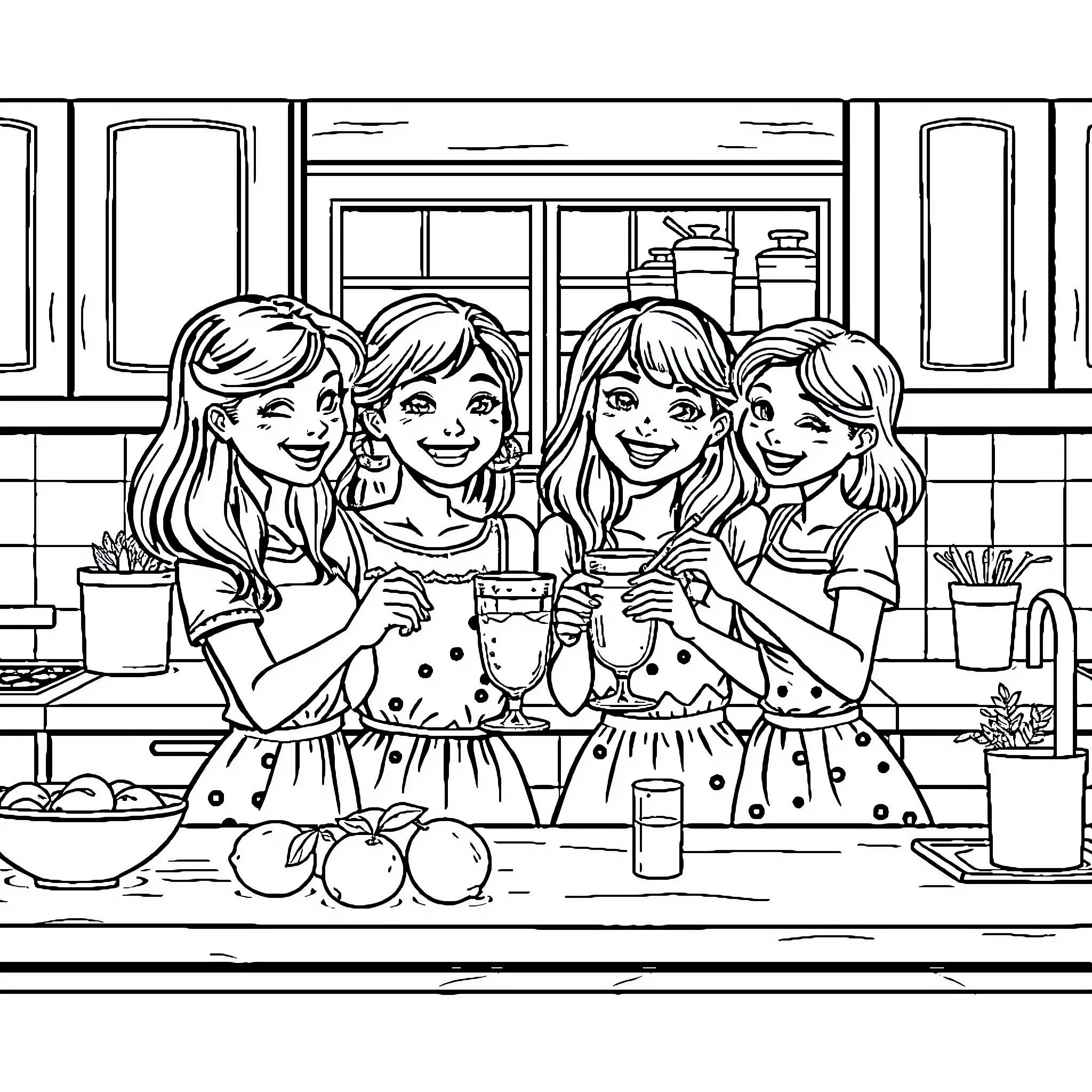 Sister's Friendly Gathering in the Kitchen Coloring Page (free black-and-white line drawing printable PDF for all, from beginners to advanced learners, including children, teens, adults, and seniors)