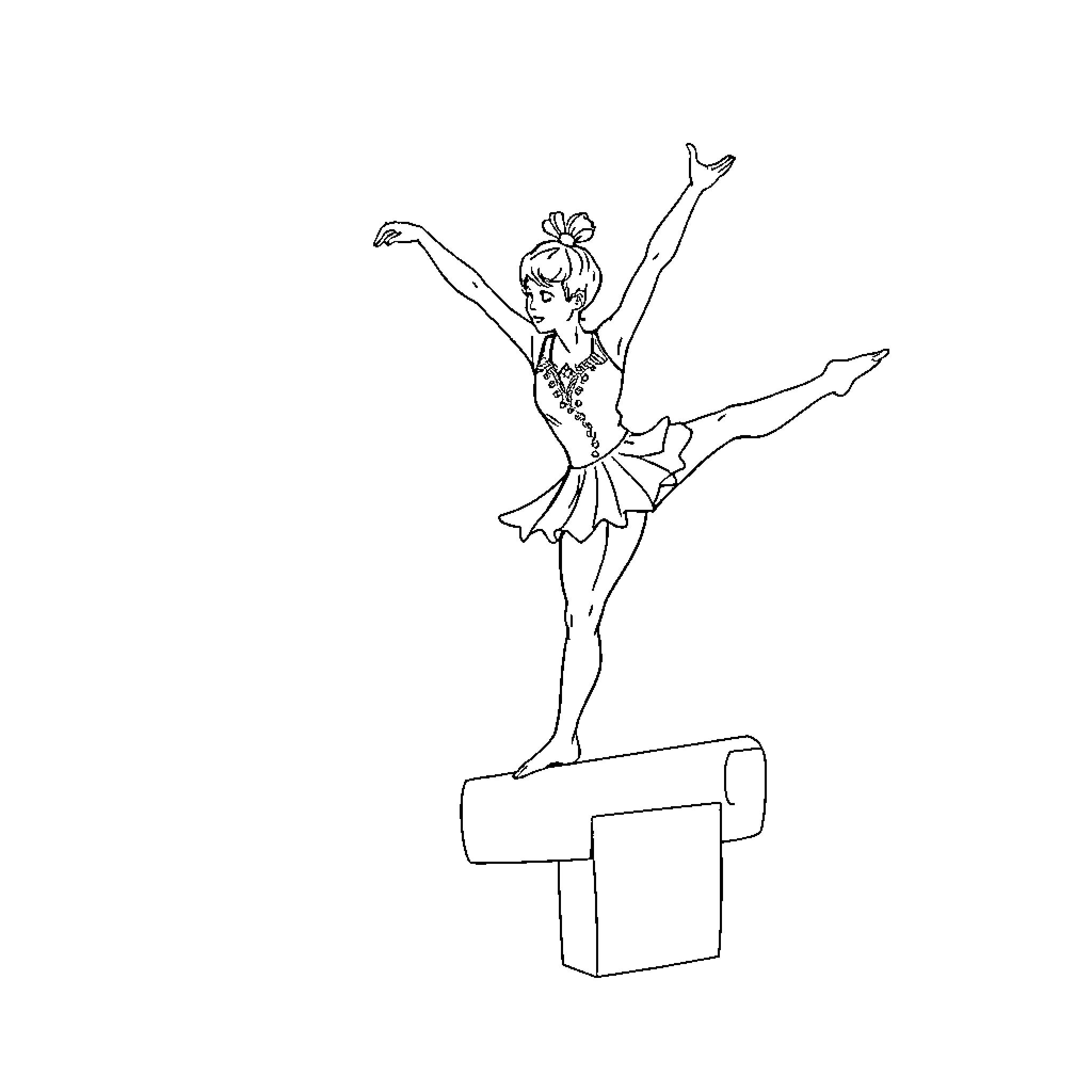 Gymnast performing acrobatic routine on balance beam Coloring Page (free black-and-white line drawing printable PDF for all, from beginners to advanced learners, including children, teens, adults, and seniors)