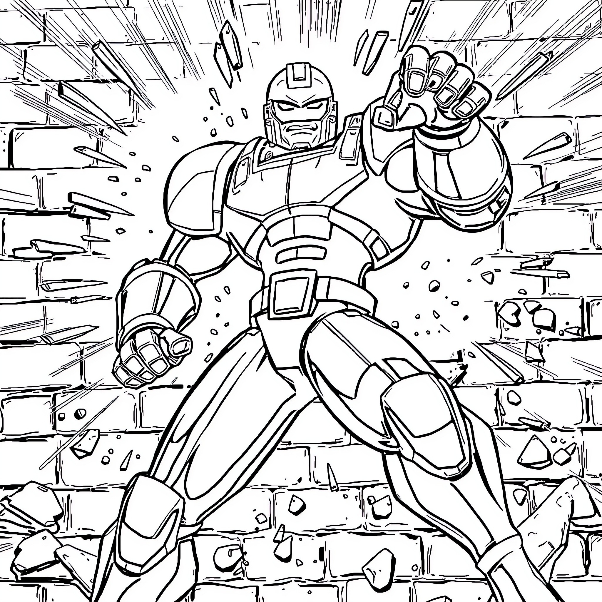Cyborg Superhero in Action Coloring Page (free black-and-white line drawing printable PDF for all, from beginners to advanced learners, including children, teens, adults, and seniors)