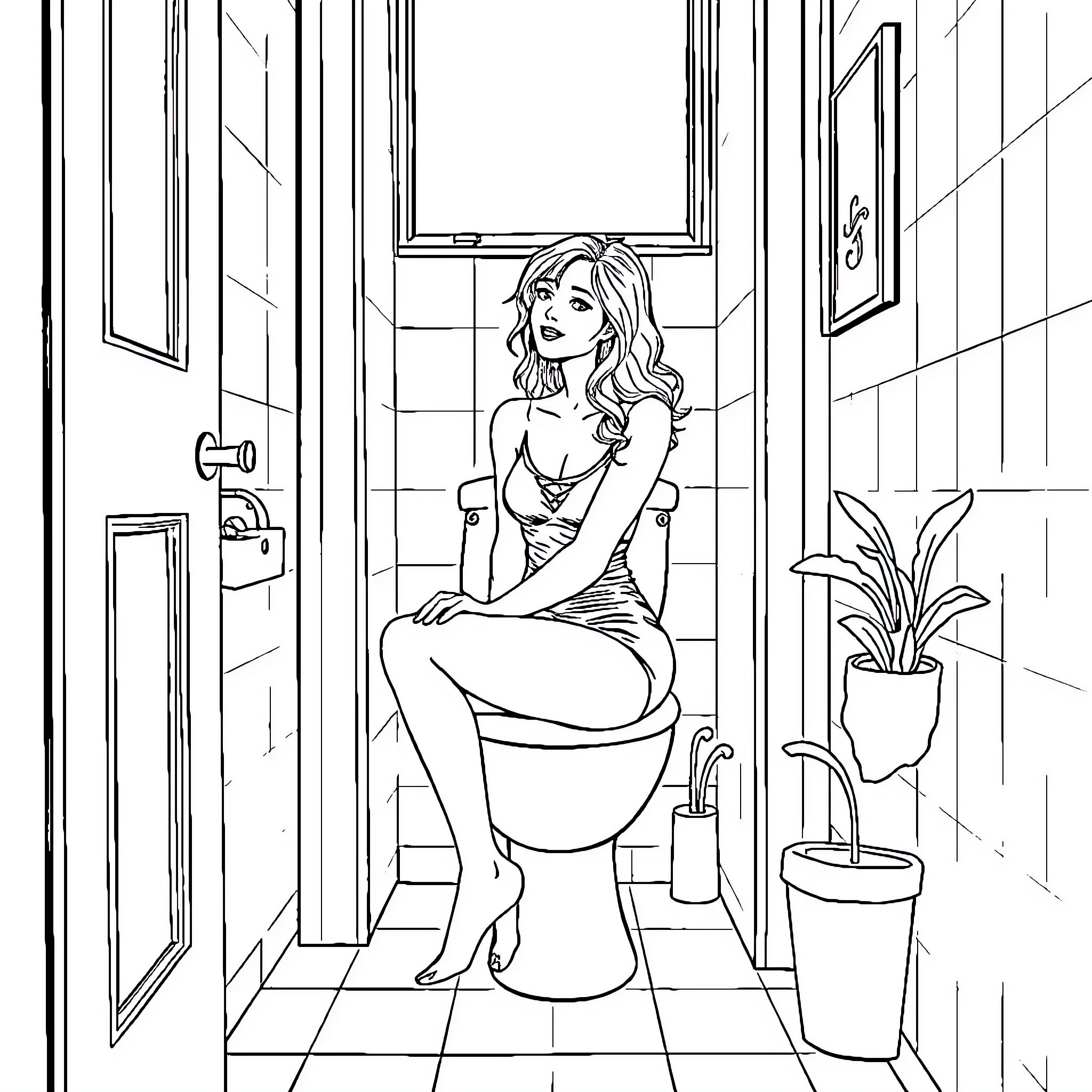 Woman relaxing in bathroom with elegant decor Coloring Page (free black-and-white line drawing printable PDF for all, from beginners to advanced learners, including children, teens, adults, and seniors)