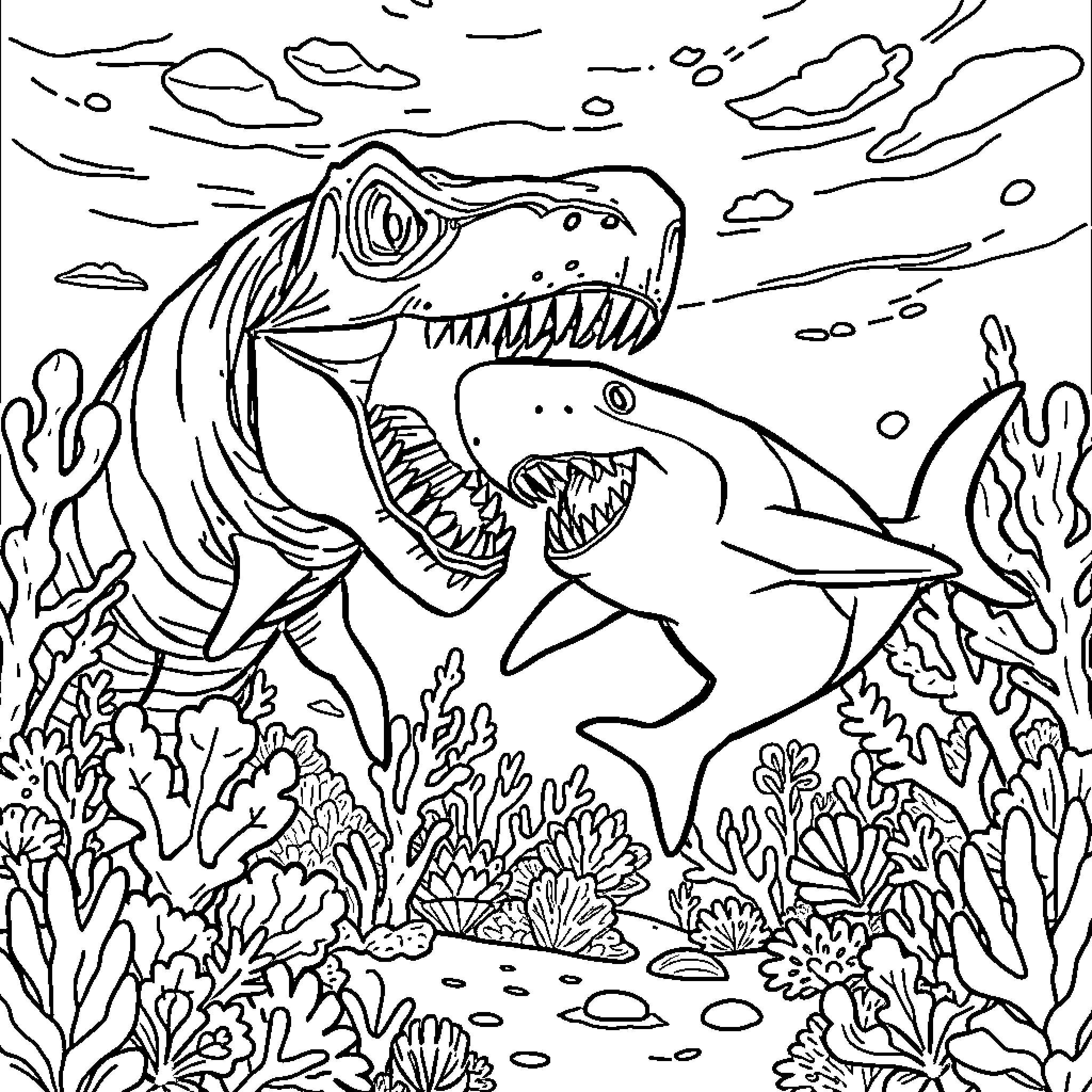 Shark Swimming Fiercely in the Ocean Coloring Page (free black-and-white line drawing printable PDF for all, from beginners to advanced learners, including children, teens, adults, and seniors)