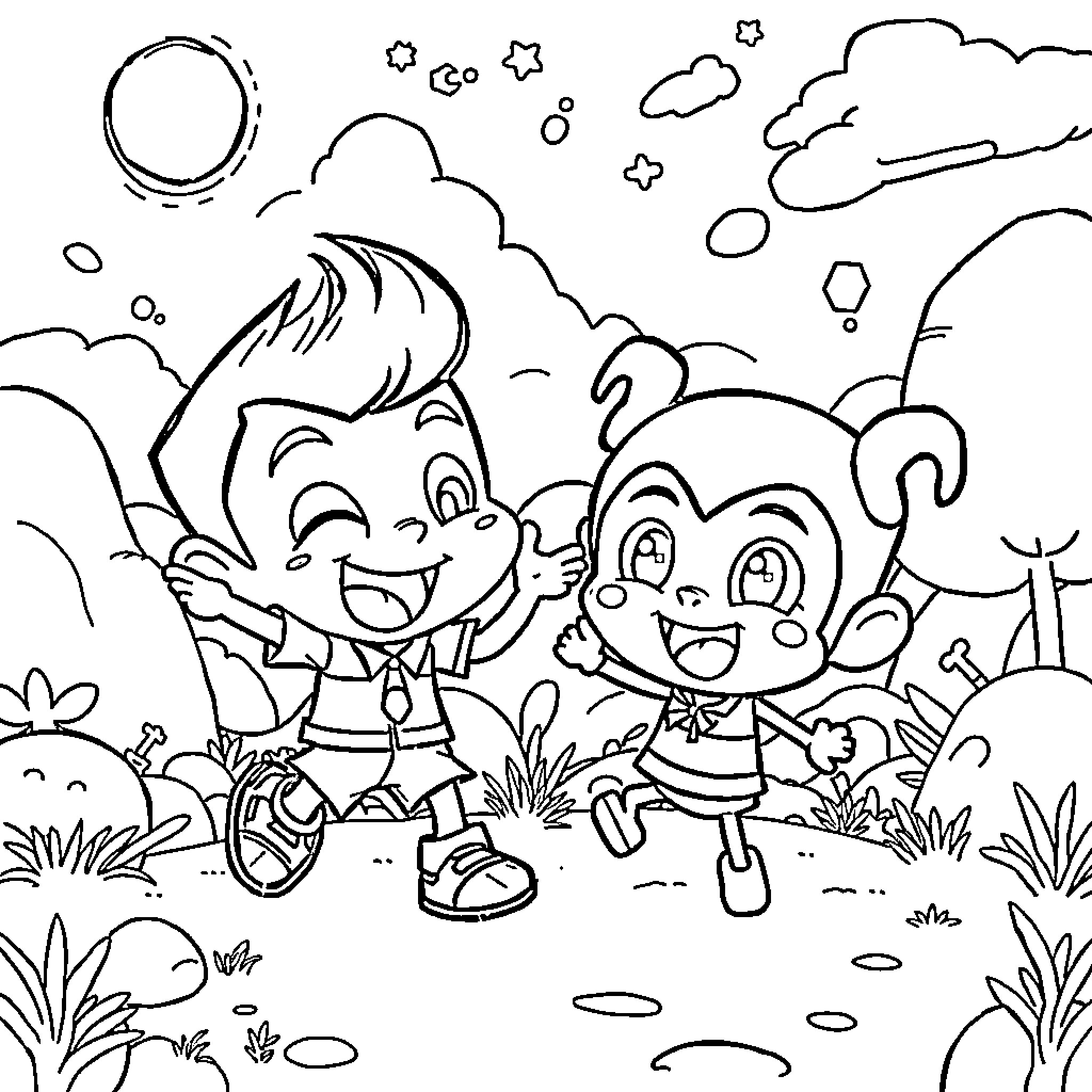Fanboy Cartoon Characters Exploring Outdoor Adventure Coloring Page (free black-and-white line drawing printable PDF for all, from beginners to advanced learners, including children, teens, adults, and seniors)