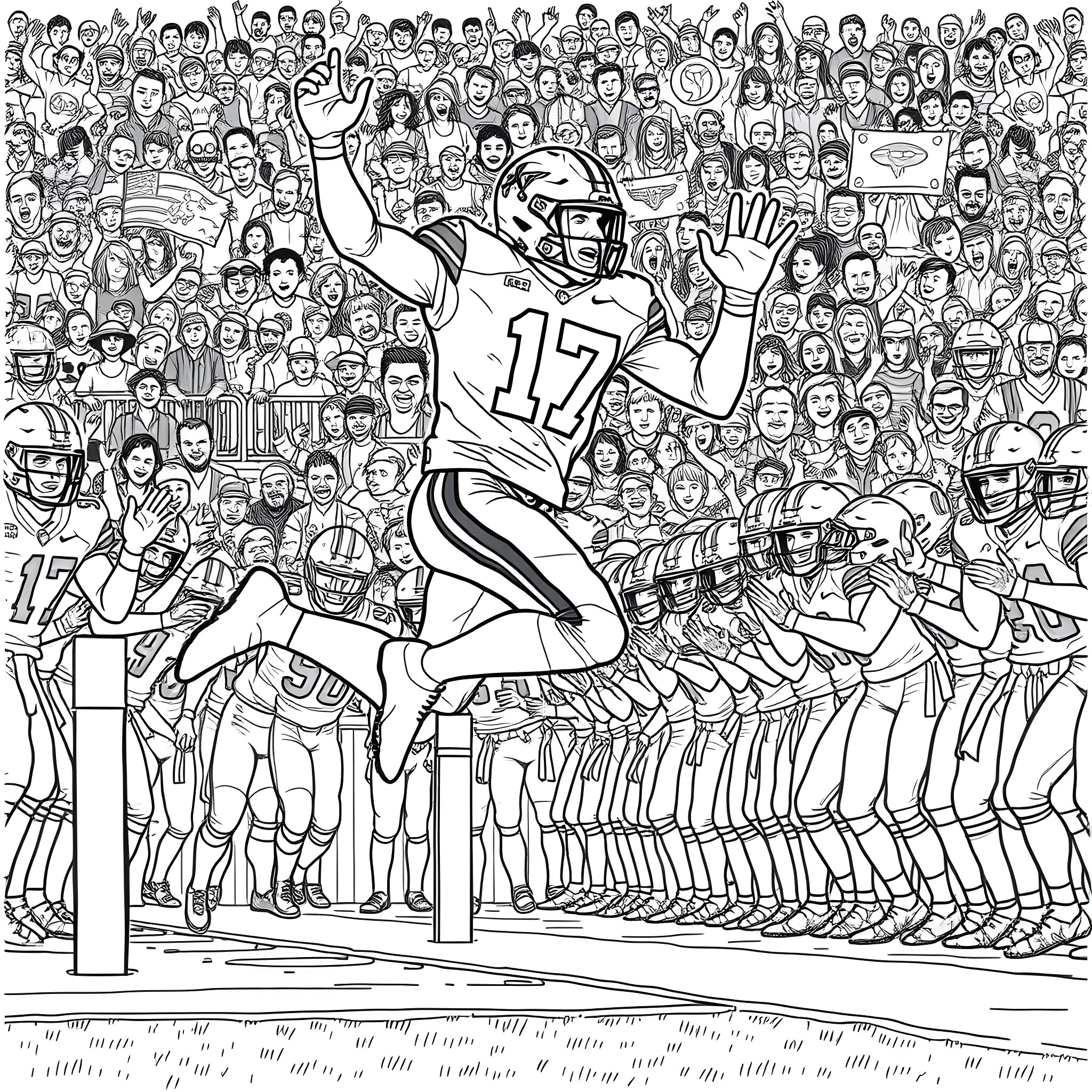 Josh Allen Leading the Charge in the Big Game Coloring Page (free black-and-white line drawing printable PDF for all, from beginners to advanced learners, including children, teens, adults, and seniors)