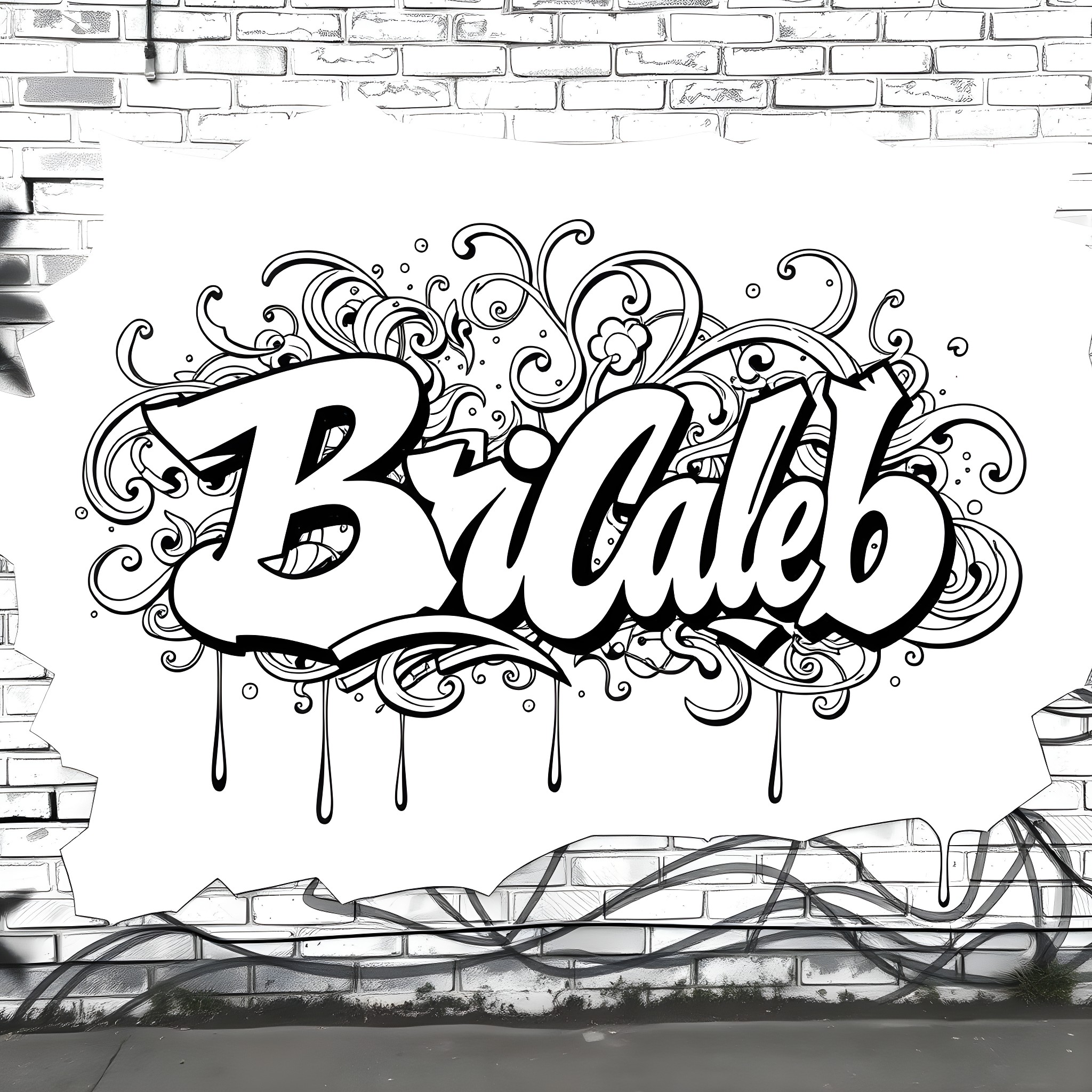 Graffiti of stylized text with intricate floral motifs Coloring Page (free black-and-white line drawing printable PDF for all, from beginners to advanced learners, including children, teens, adults, and seniors)
