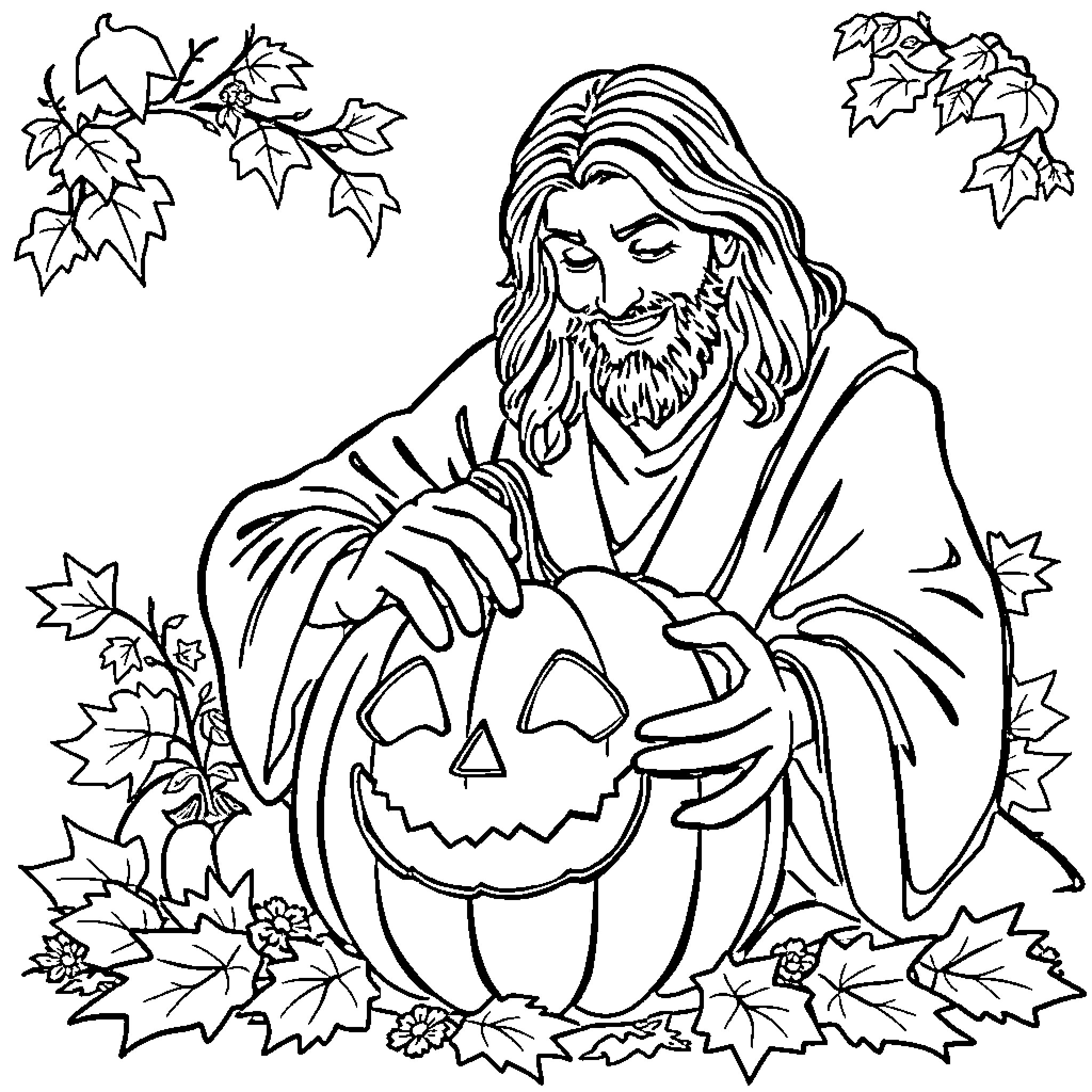 Jesus holding a pumpkin during autumn Coloring Page (free black-and-white line drawing printable PDF for all, from beginners to advanced learners, including children, teens, adults, and seniors)