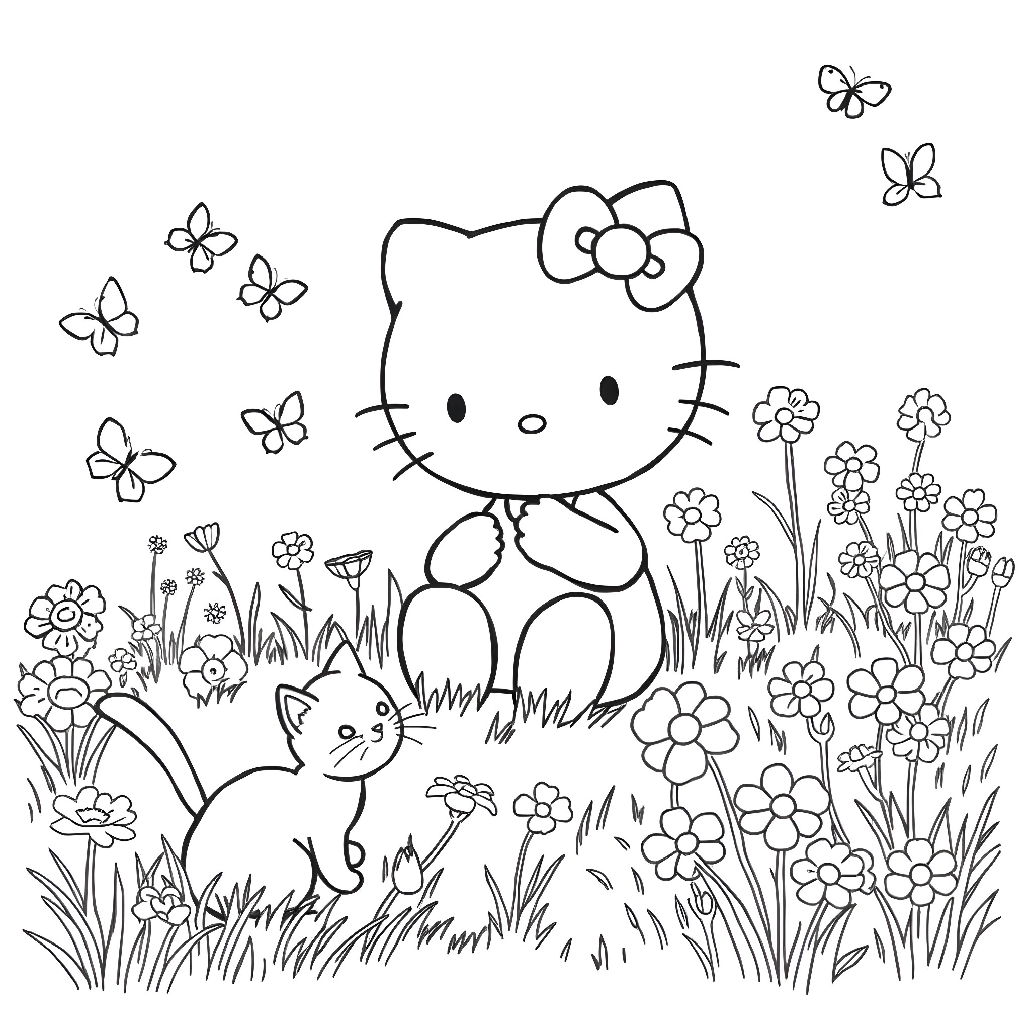 Hello Kitty playing with butterflies in the garden Coloring Page (free black-and-white line drawing printable PDF for all, from beginners to advanced learners, including children, teens, adults, and seniors)