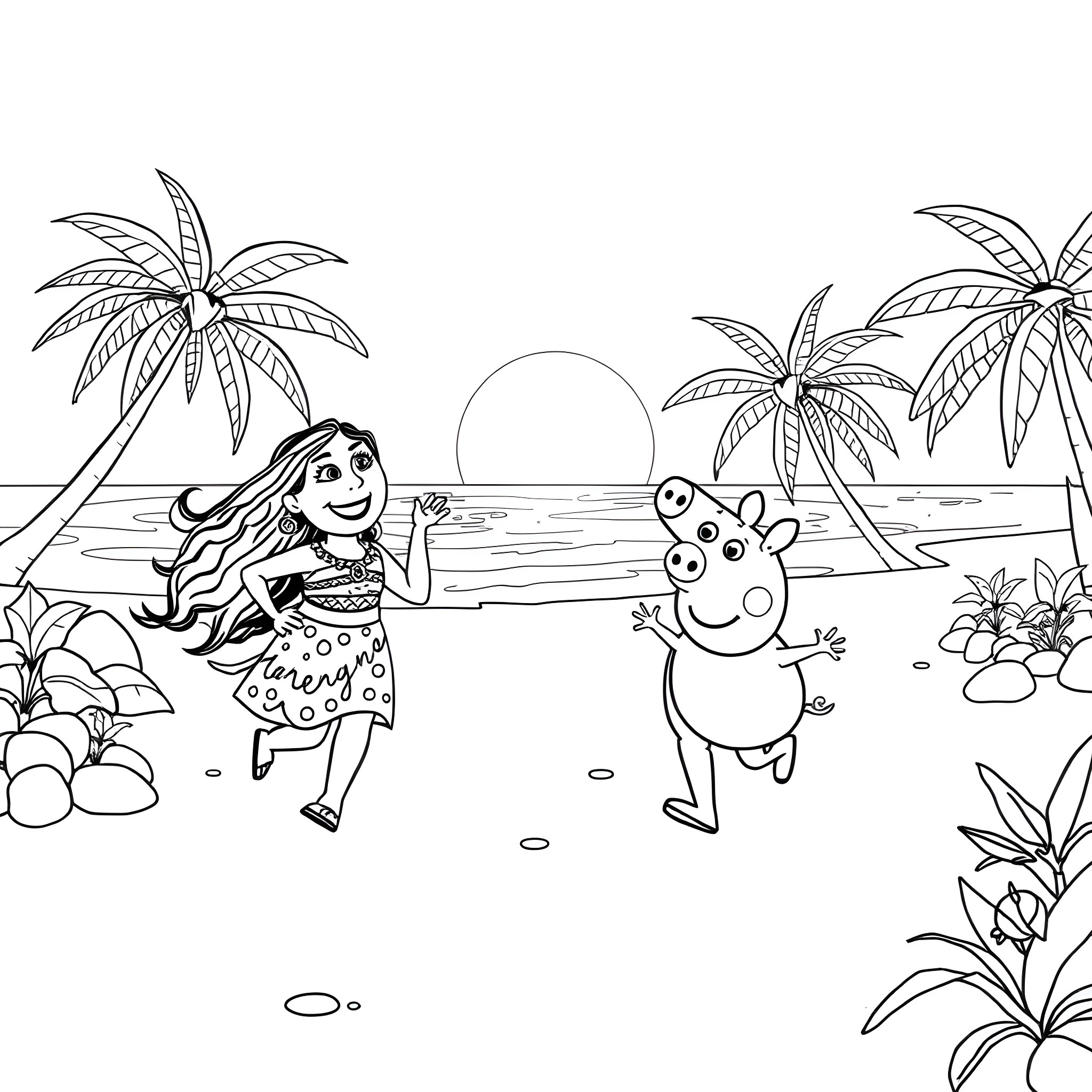 Moana and Pua enjoying a day at the beach Coloring Page (free black-and-white line drawing printable PDF for all, from beginners to advanced learners, including children, teens, adults, and seniors)