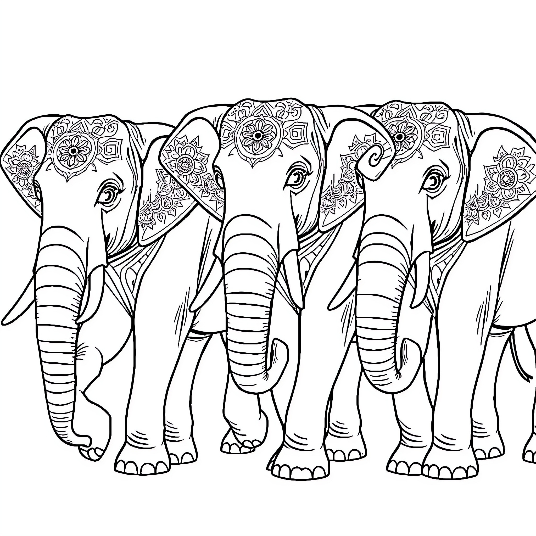 Elephants with Ornate Patterns and Designs Coloring Page (free black-and-white line drawing printable PDF for all, from beginners to advanced learners, including children, teens, adults, and seniors)